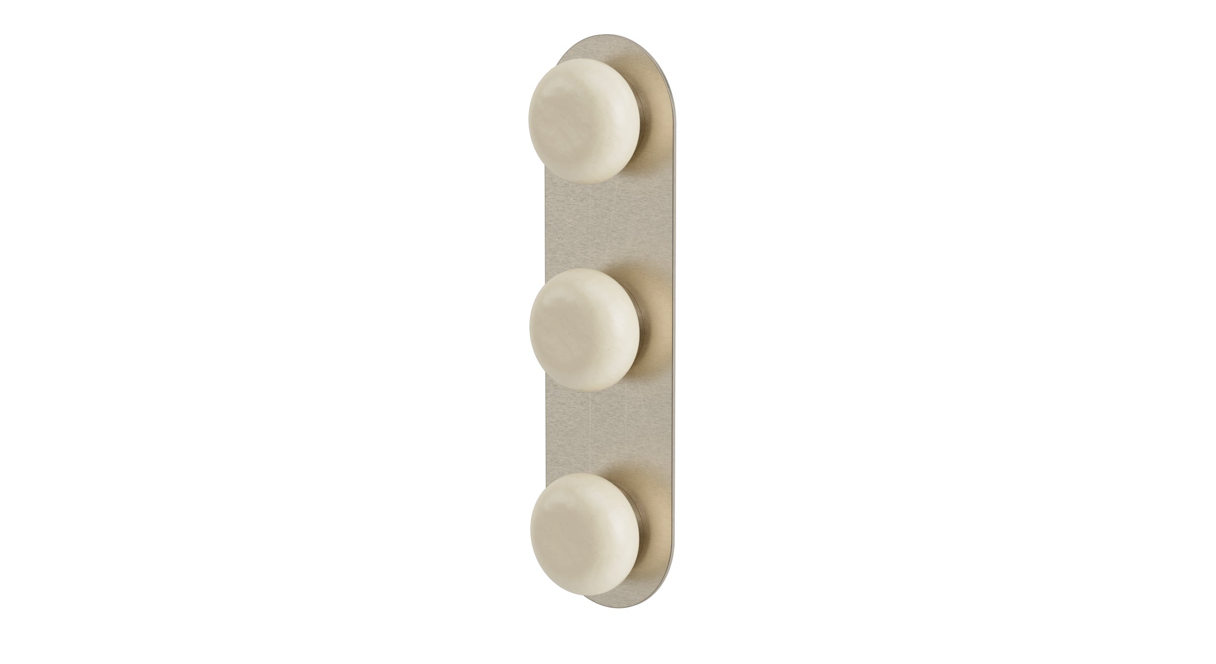Foundry Three Handle Wall Mount Shower Trim with Pebble Ceramic Knob Handles in Satin Nickel