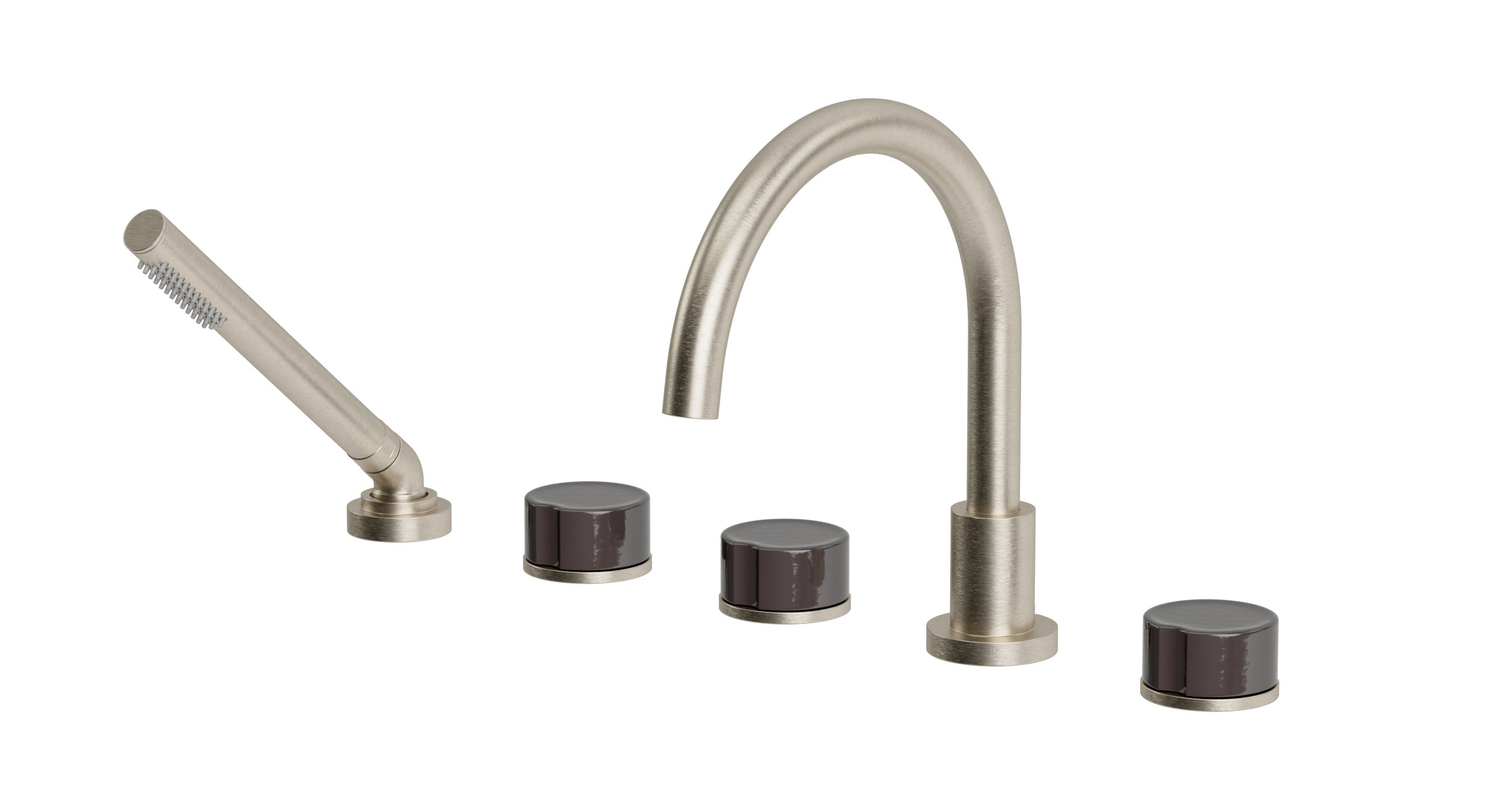 Foundry Three Handle Deck Mount Gooseneck Bath Trim with Hand Shower and Groove Ceramic Knob Handles in Satin Nickel