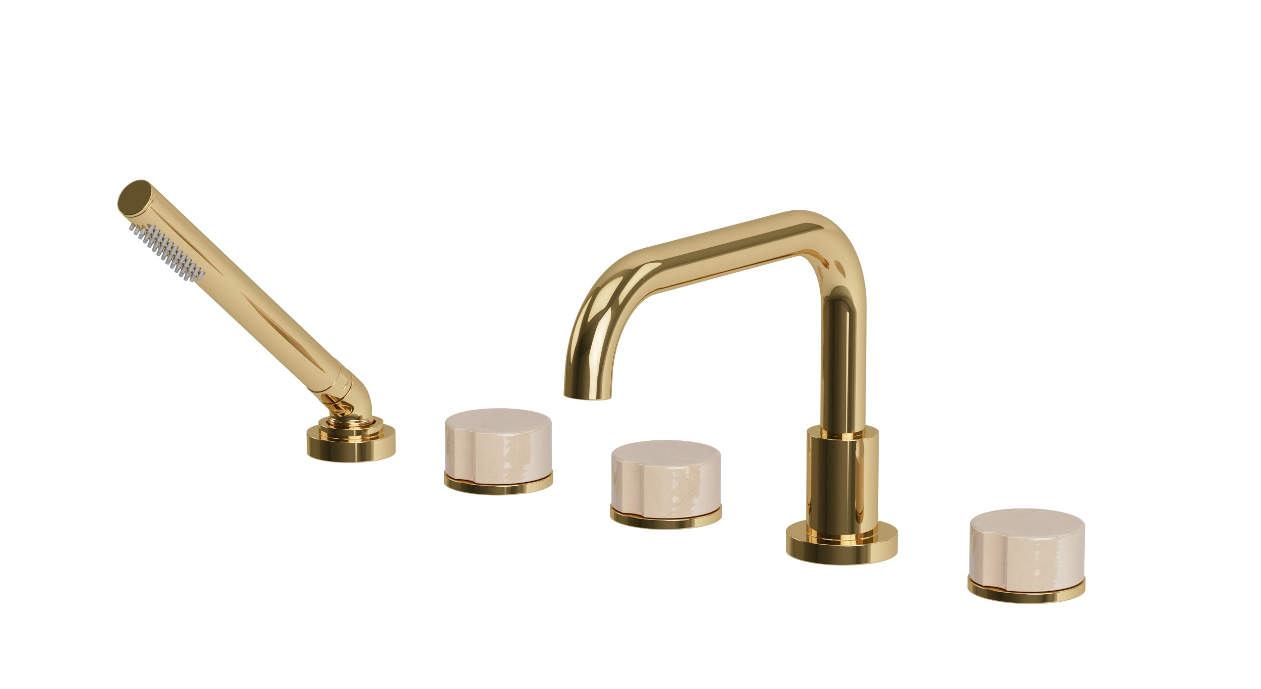 Foundry Three Handle Deck Mount Squaretop Bath Trim with Hand Shower and Groove Ceramic Knob Handles in Polished Brass