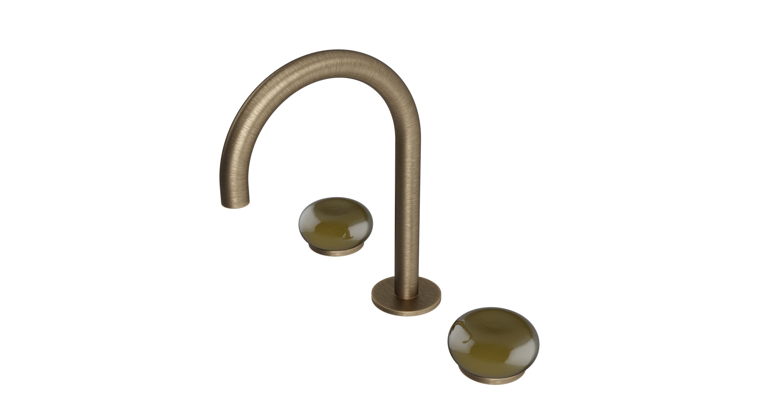 Foundry Two Handle Deck Mount Gooseneck Lavatory Faucet with Pebble Ceramic Knob Handles in Antique Brass