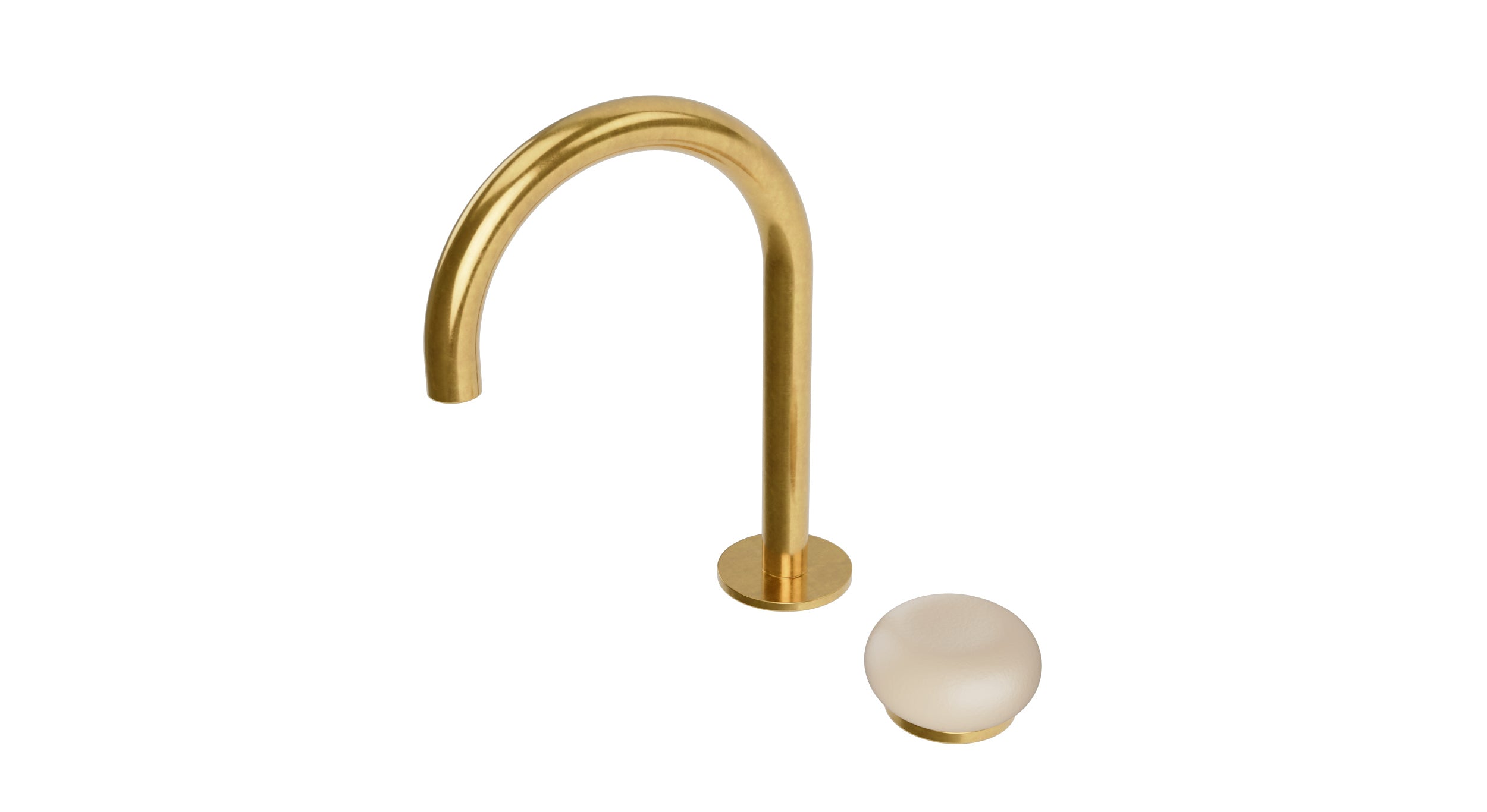 Foundry One Handle Deck Mount Gooseneck Lavatory Faucet with Pebble Ceramic Knob Handle in French Brass