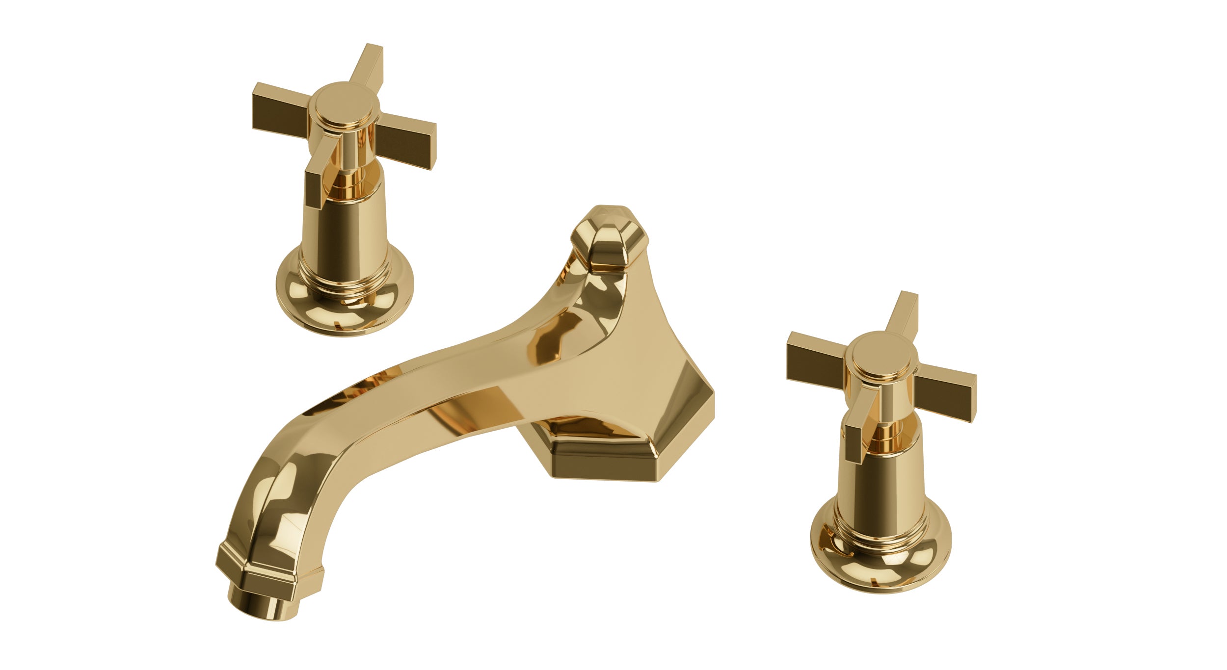 Emerson Two Handle Deck Mount Low Hexagon Bath Trim with Defined Cross Handles in Polished Brass