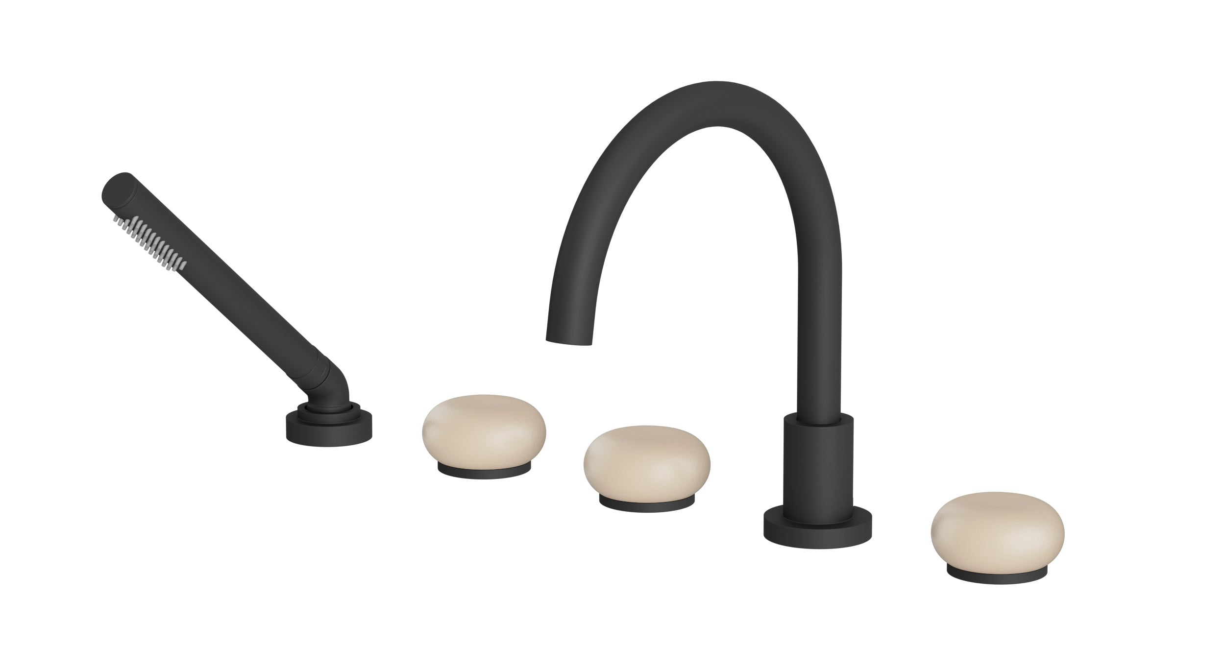Foundry Three Handle Deck Mount Gooseneck Bath Trim with Hand Shower and Pebble Ceramic Knob Handles in Matte Black