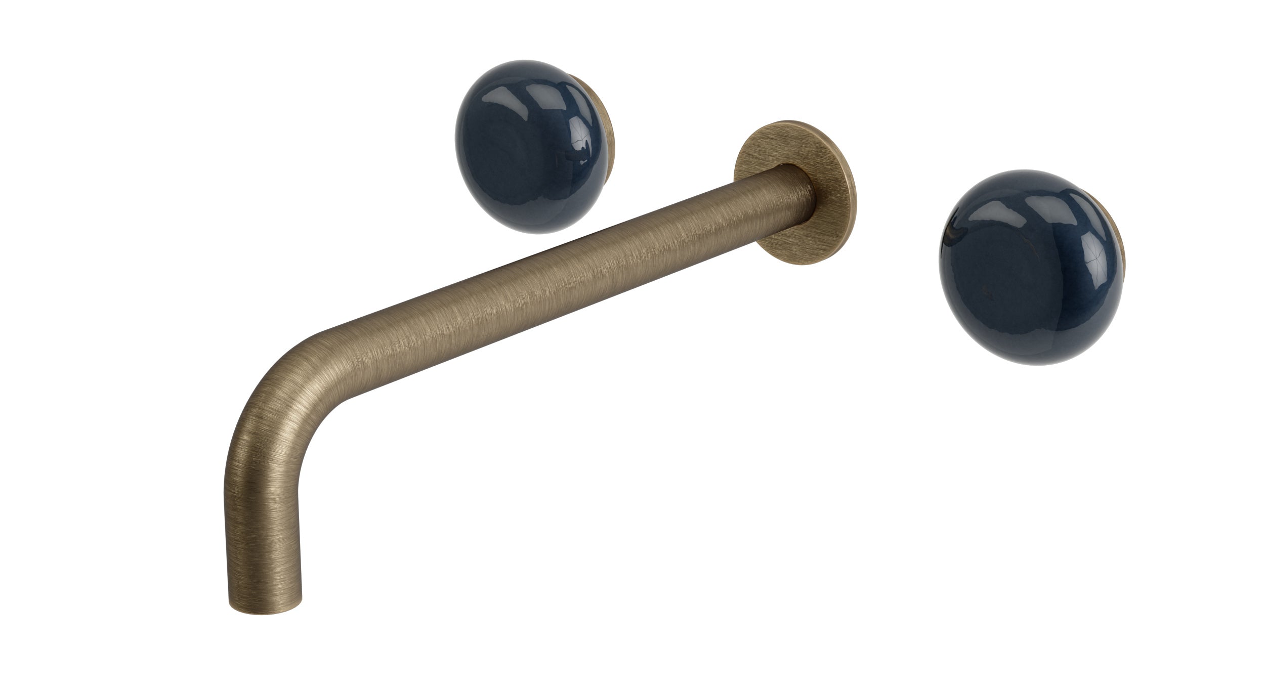Foundry Two Handle Wall Mount 10" Lavatory Faucet with Pebble Ceramic Knob Handles in Antique Brass