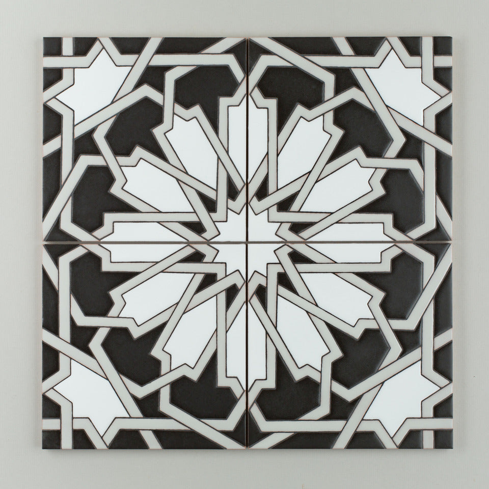 8x8 Handpainted Tile Persian Star in Black & White Motif