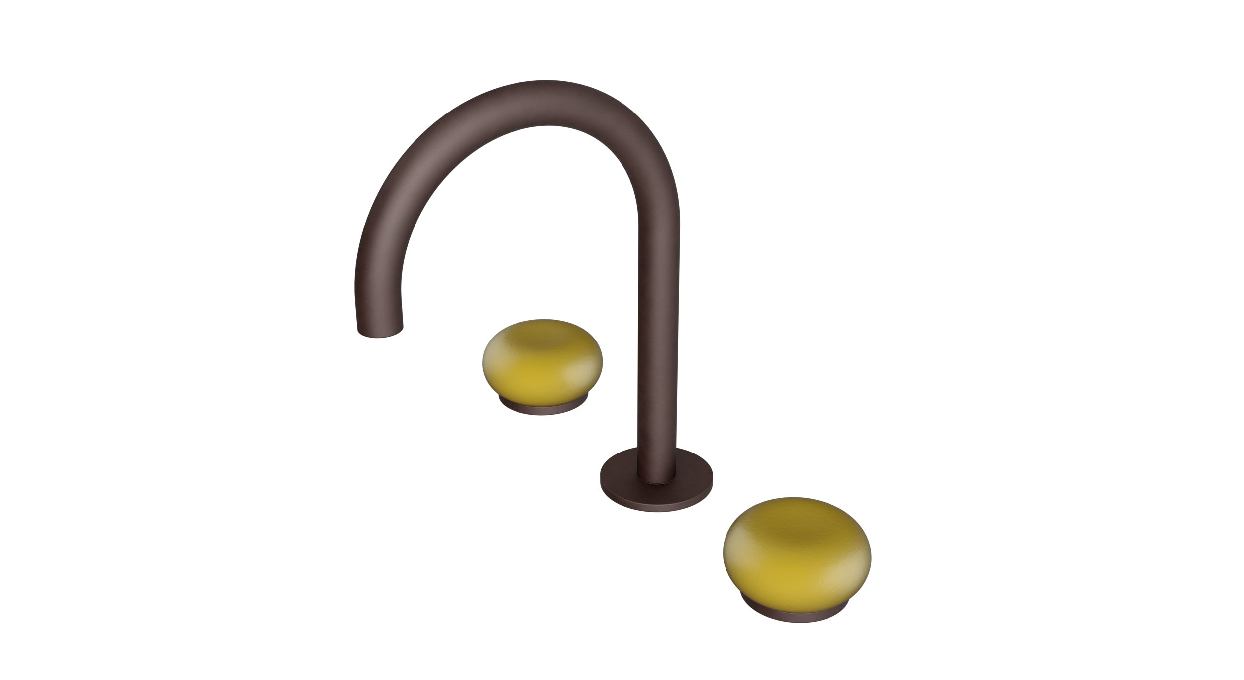 Foundry Two Handle Deck Mount Gooseneck Lavatory Faucet with Pebble Ceramic Knob Handles in Architectural Copper