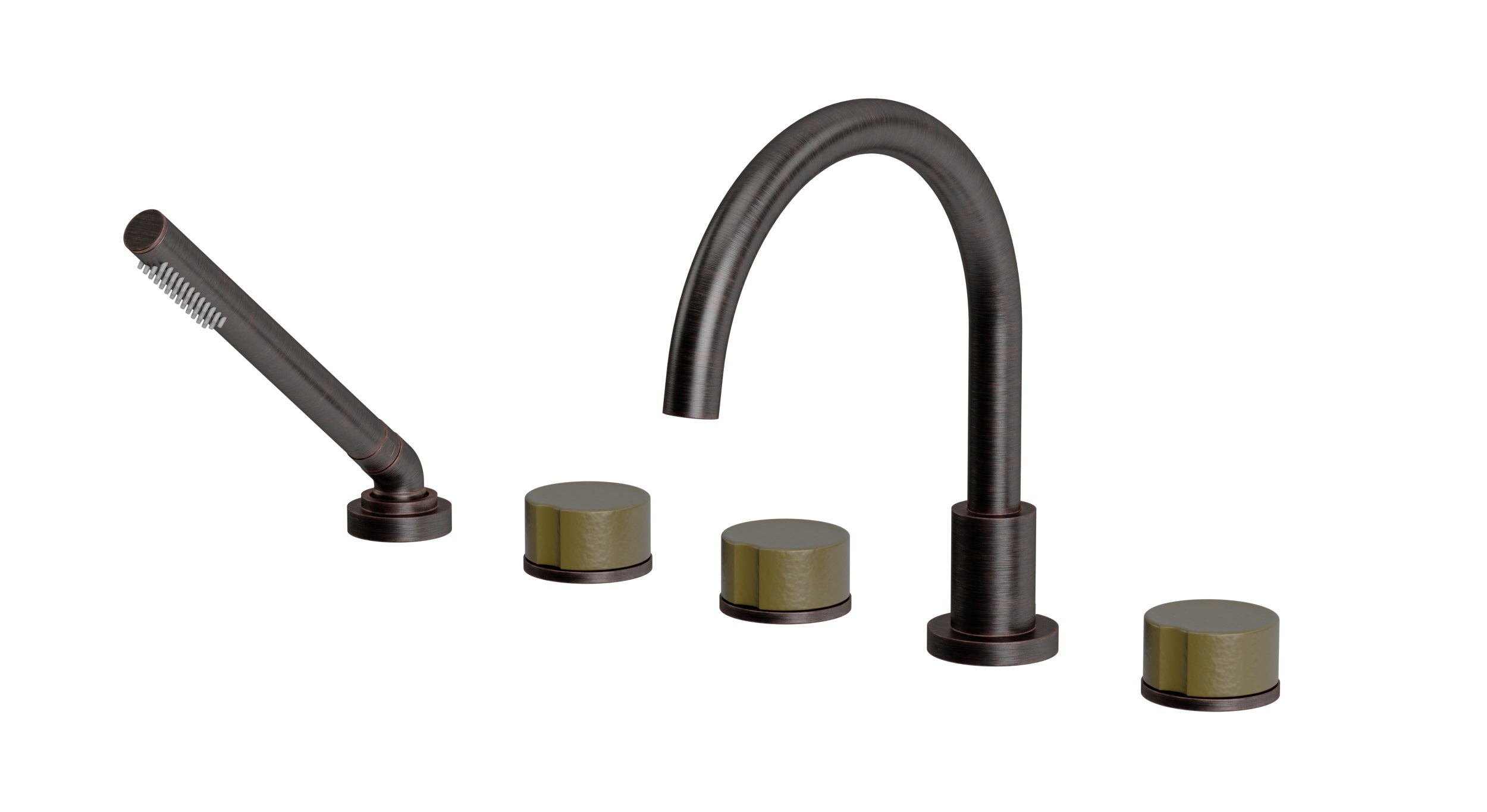 Foundry Three Handle Deck Mount Gooseneck Bath Trim with Hand Shower and Groove Ceramic Knob Handles in Antique Bronze