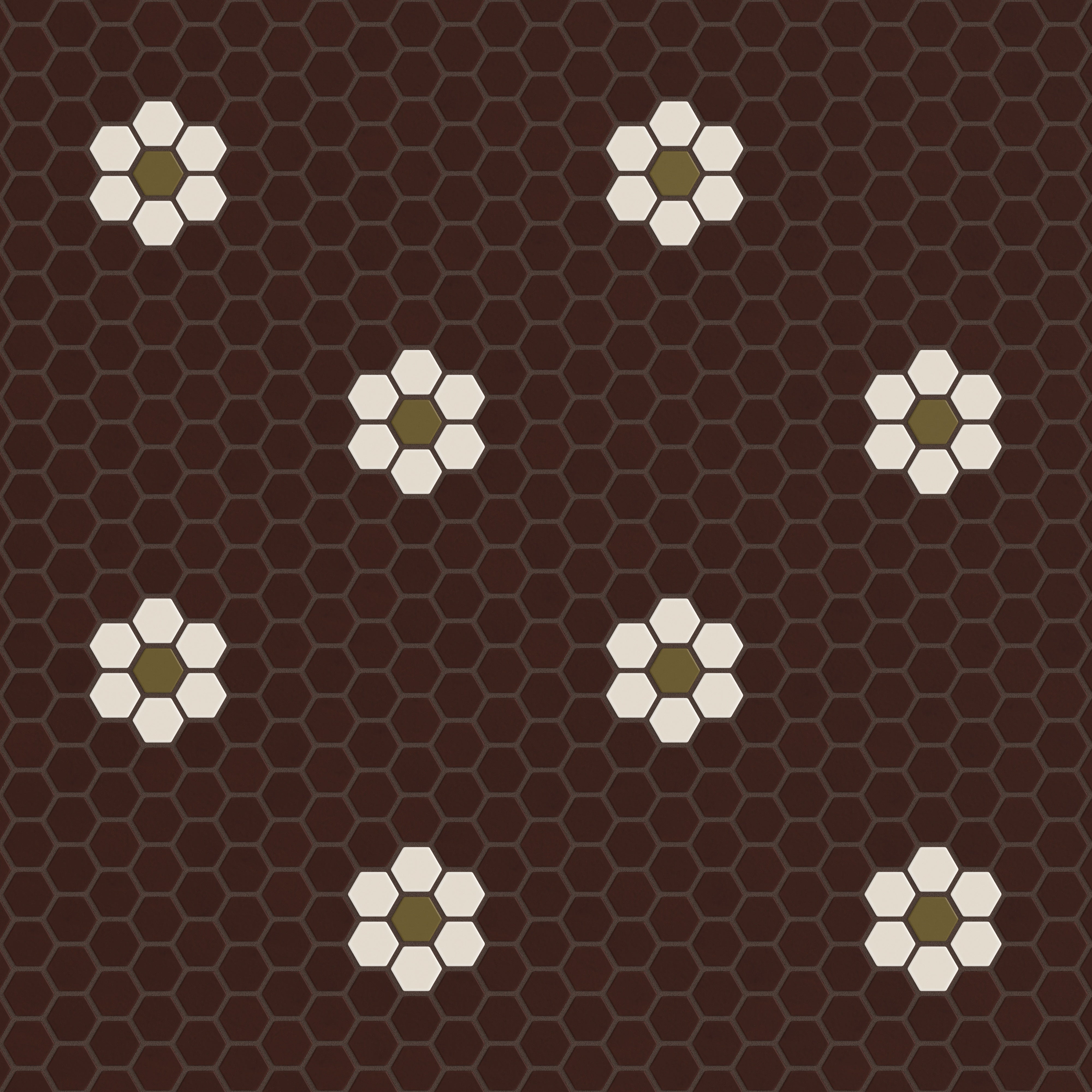 1" Hexagon Double Daisy Sheeted Original Ceramic Tile in Garnet Matte, Sand Dune Matte & Chaparral Matte