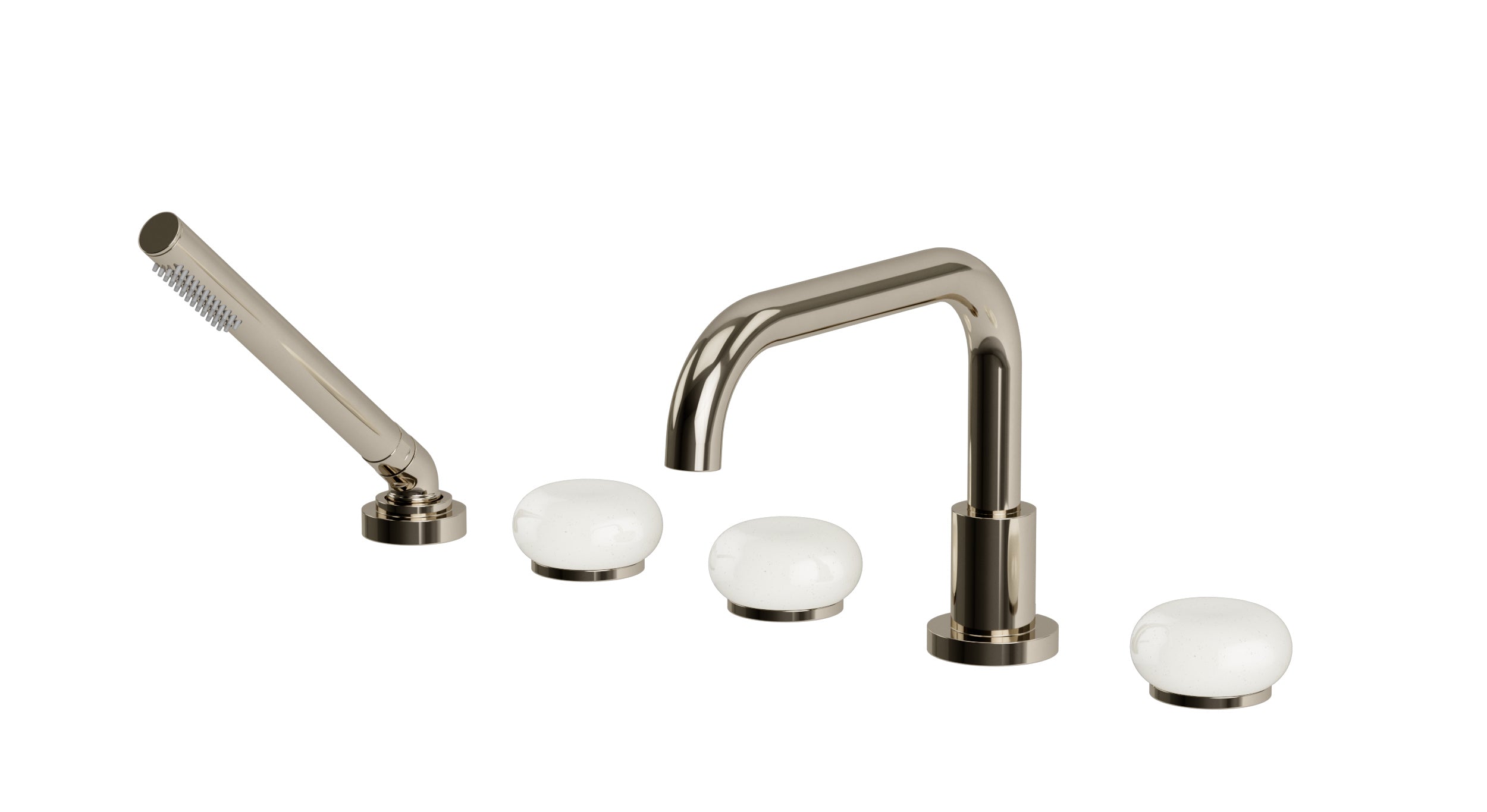 Foundry Three Handle Deck Mount Squaretop Bath Trim with Hand Shower and Pebble Ceramic Knob Handles in Polished Nickel