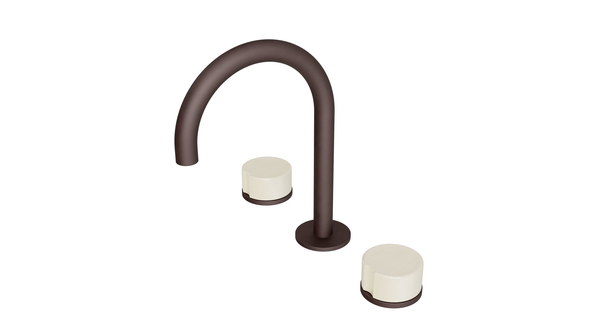 Foundry Two Handle Deck Mount Gooseneck Lavatory Faucet with Groove Ceramic Knob Handles in Architectural Copper