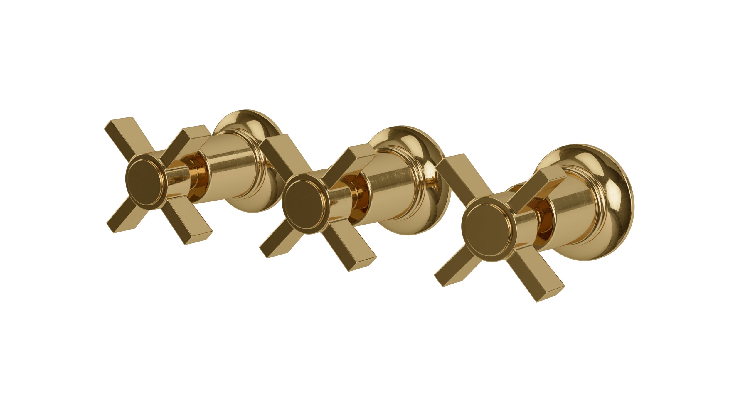 Emerson Three Handle Wall Mount Bath Trim with Diverter/Volume Control and Defined Cross Handles in Uncoated Polished Brass