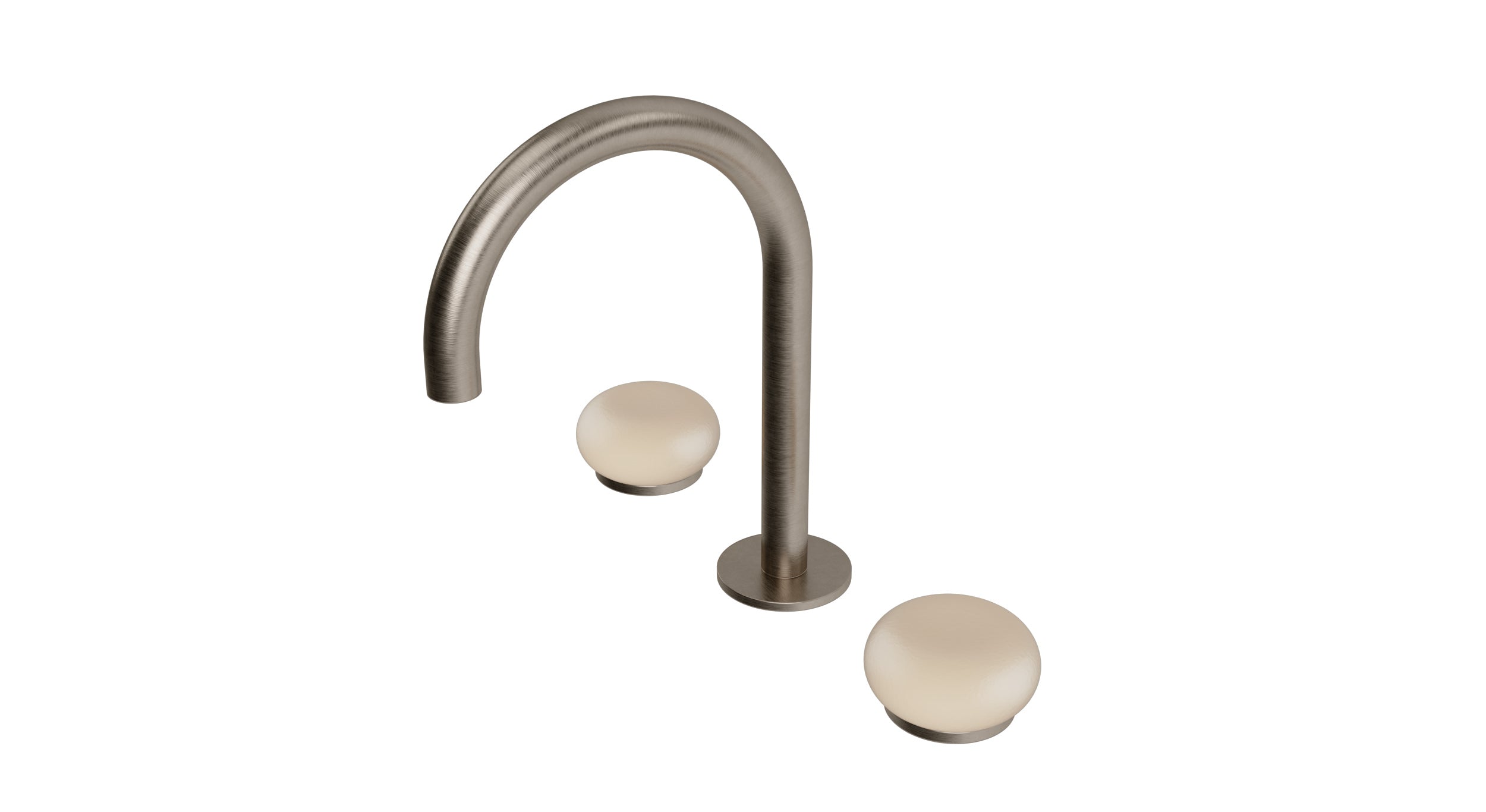 Foundry Two Handle Deck Mount Gooseneck Lavatory Faucet with Pebble Ceramic Knob Handles in Antique Nickel