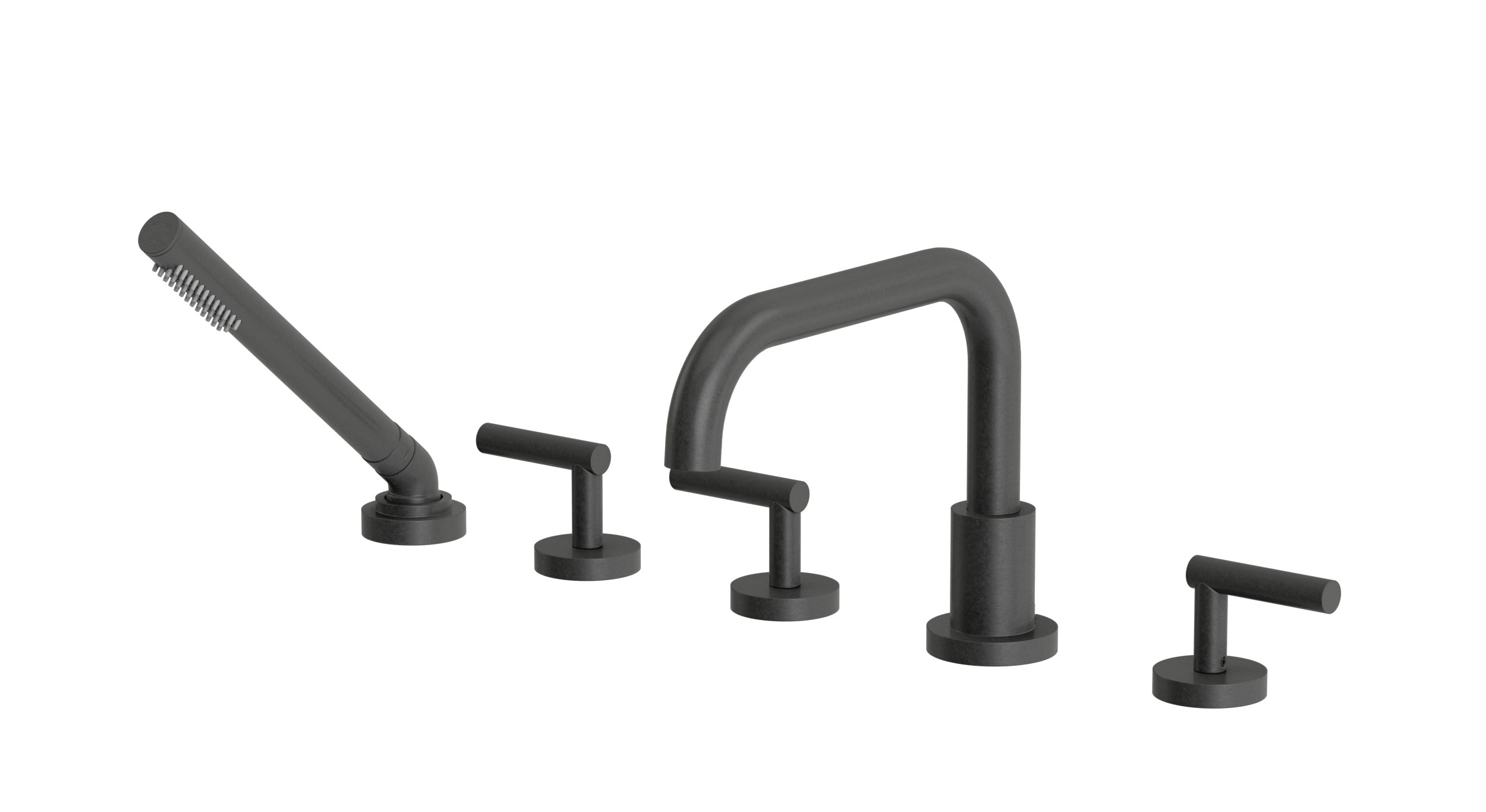 Contour Three Handle Deck Mount Squaretop Bath Trim with Hand Shower and Soft Lever Handles in Blackened Nickel