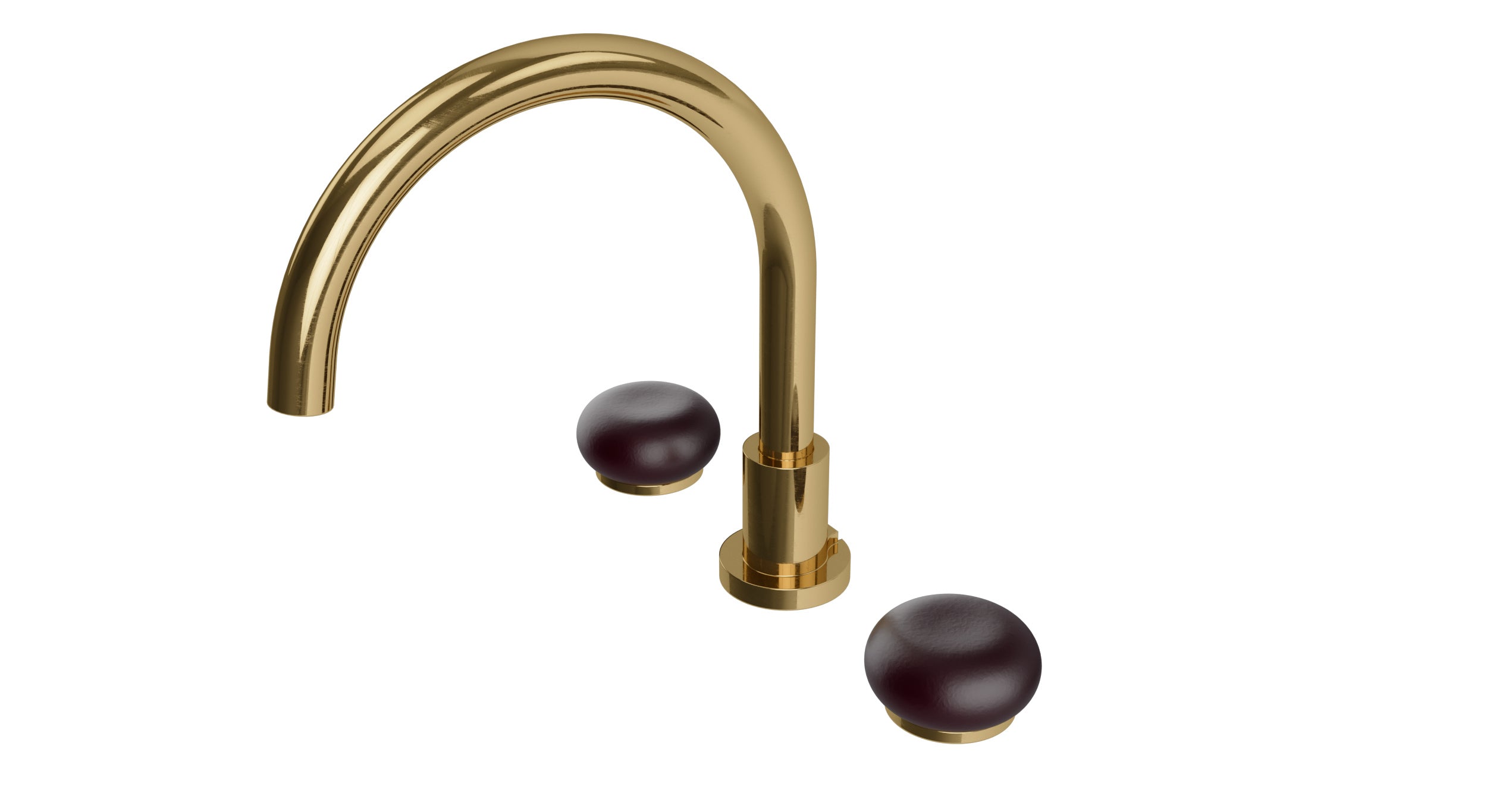 Foundry Two Handle Deck Mount Gooseneck Bath Trim with Pebble Ceramic Knob Handles in Uncoated Polished Brass