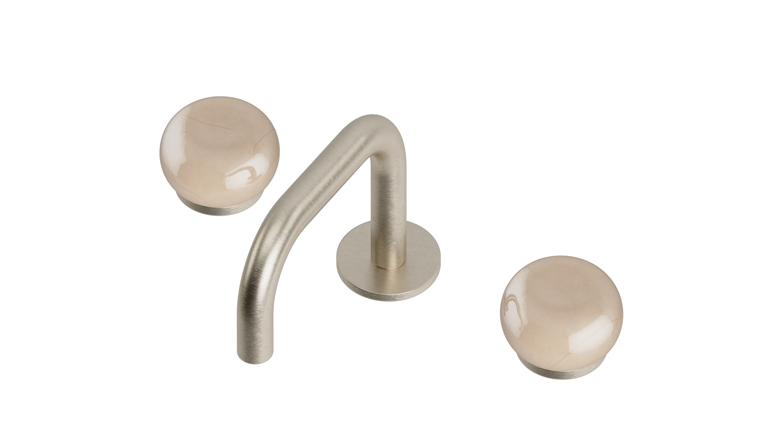 Foundry Two Handle Deck Mount Squaretop Lavatory Faucet with Pebble Ceramic Knob Handles in Satin Nickel