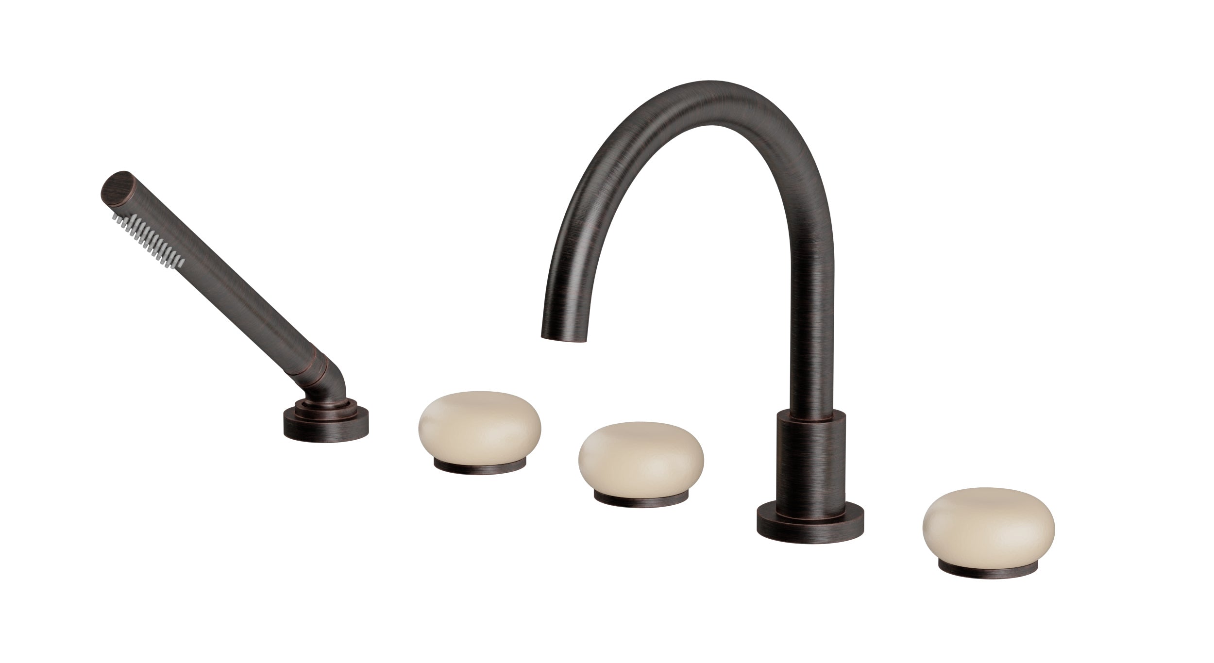 Foundry Three Handle Deck Mount Gooseneck Bath Trim with Hand Shower and Pebble Ceramic Knob Handles in Antique Bronze