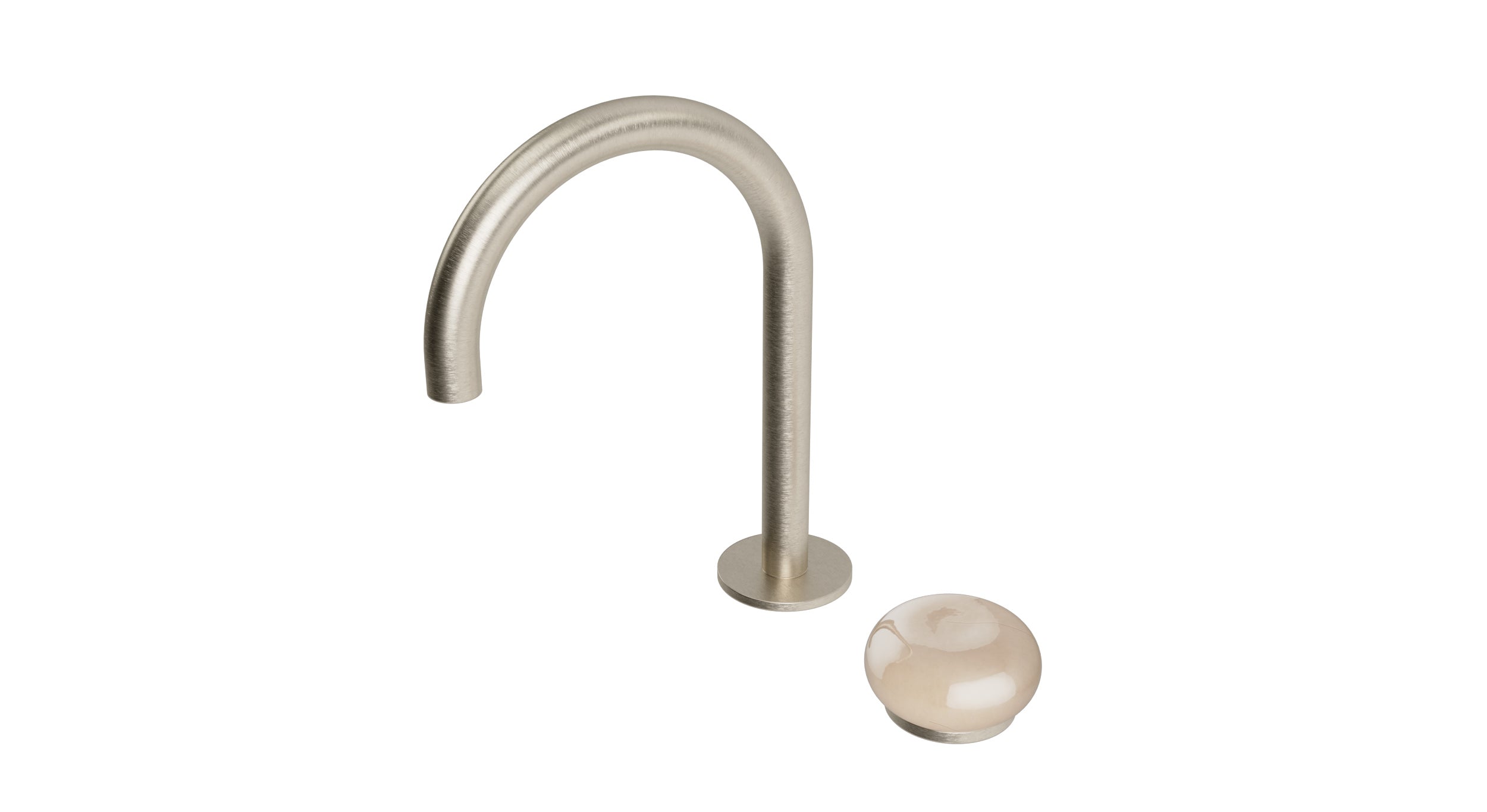 Foundry One Handle Deck Mount Gooseneck Lavatory Faucet with Pebble Ceramic Knob Handle in Satin Nickel