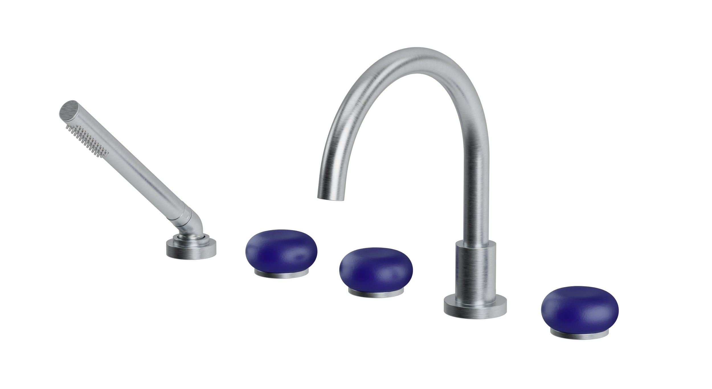 Foundry Three Handle Deck Mount Gooseneck Bath Trim with Hand Shower and Pebble Ceramic Knob Handles in Satin Chrome