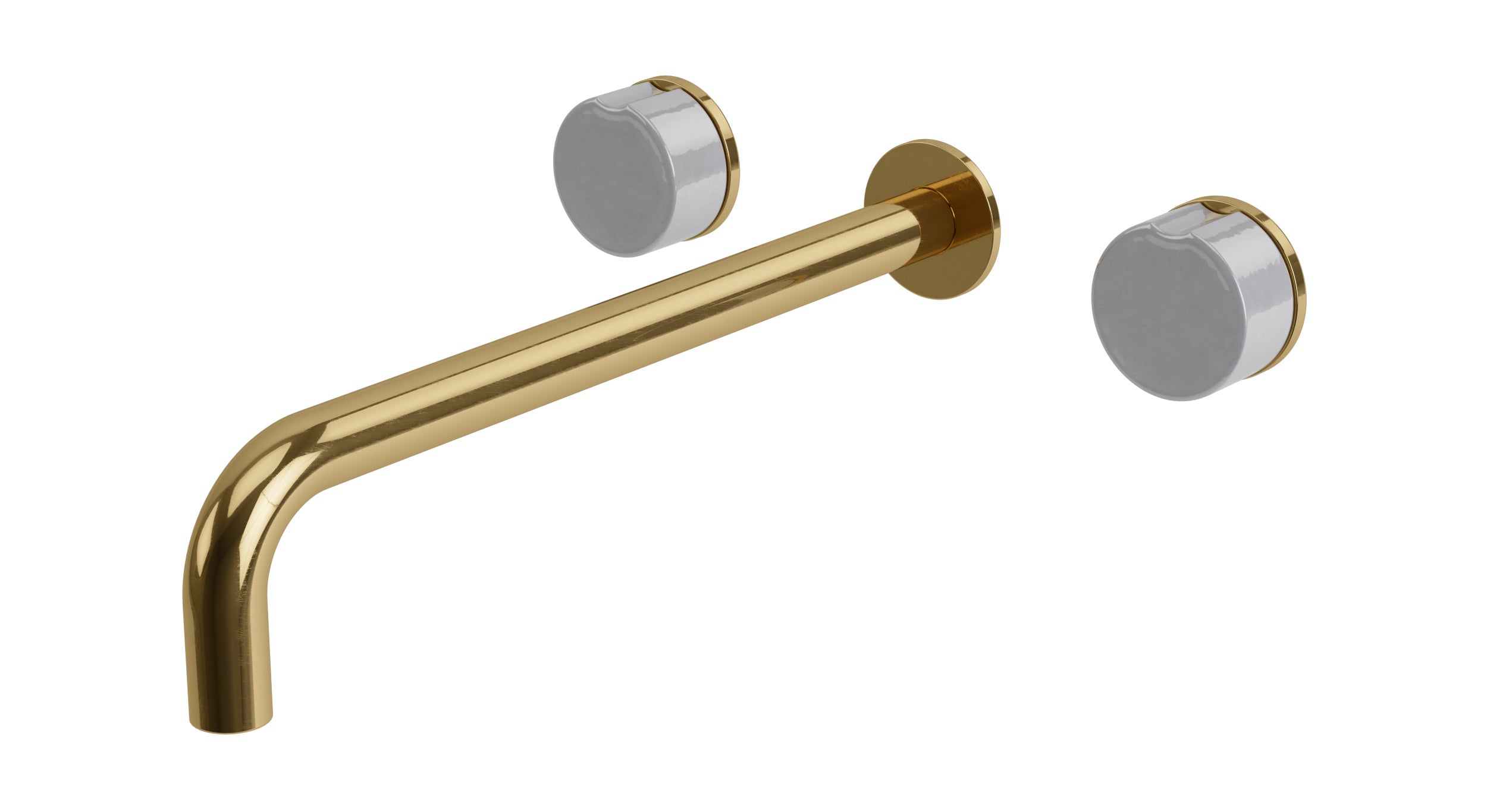 Foundry Two Handle Wall Mount 12" Lavatory Faucet with Groove Ceramic Knob Handles in Uncoated Polished Brass