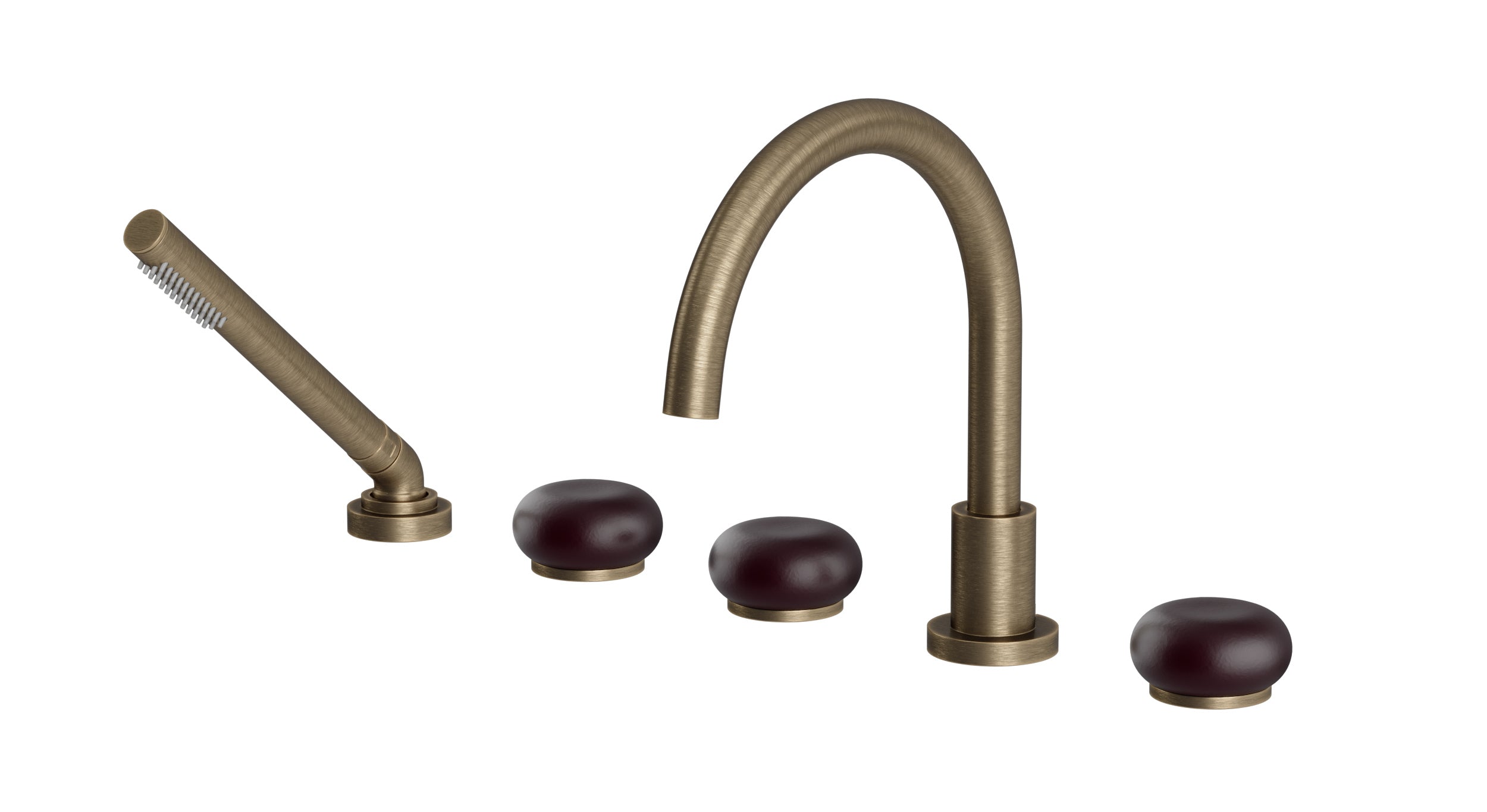 Foundry Three Handle Deck Mount Gooseneck Bath Trim with Hand Shower and Pebble Ceramic Knob Handles in Antique Brass