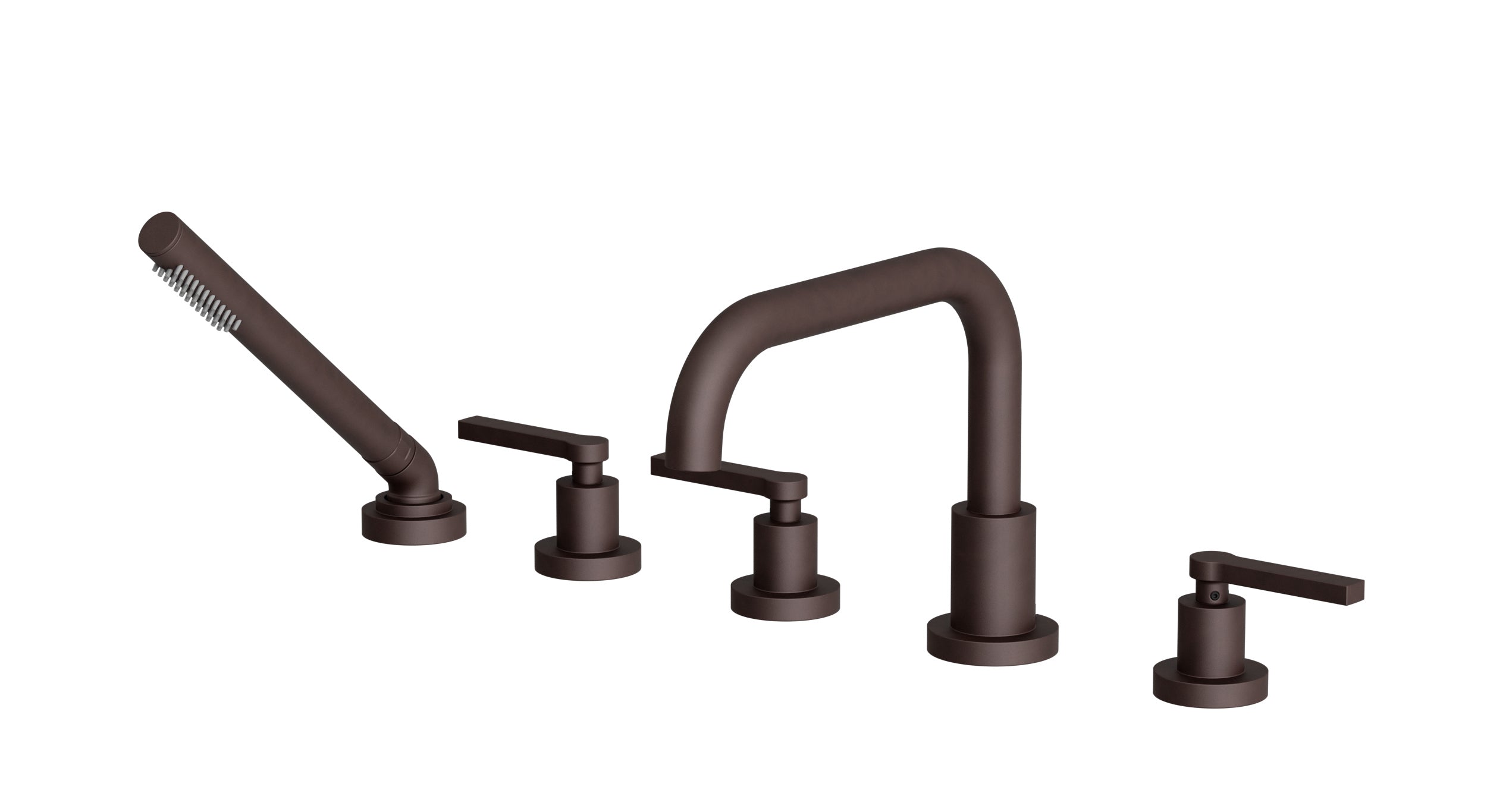 Flatiron Three Handle Deck Mount Squaretop Bath Trim with Hand Shower and Linear Lever Handles in Architectural Copper