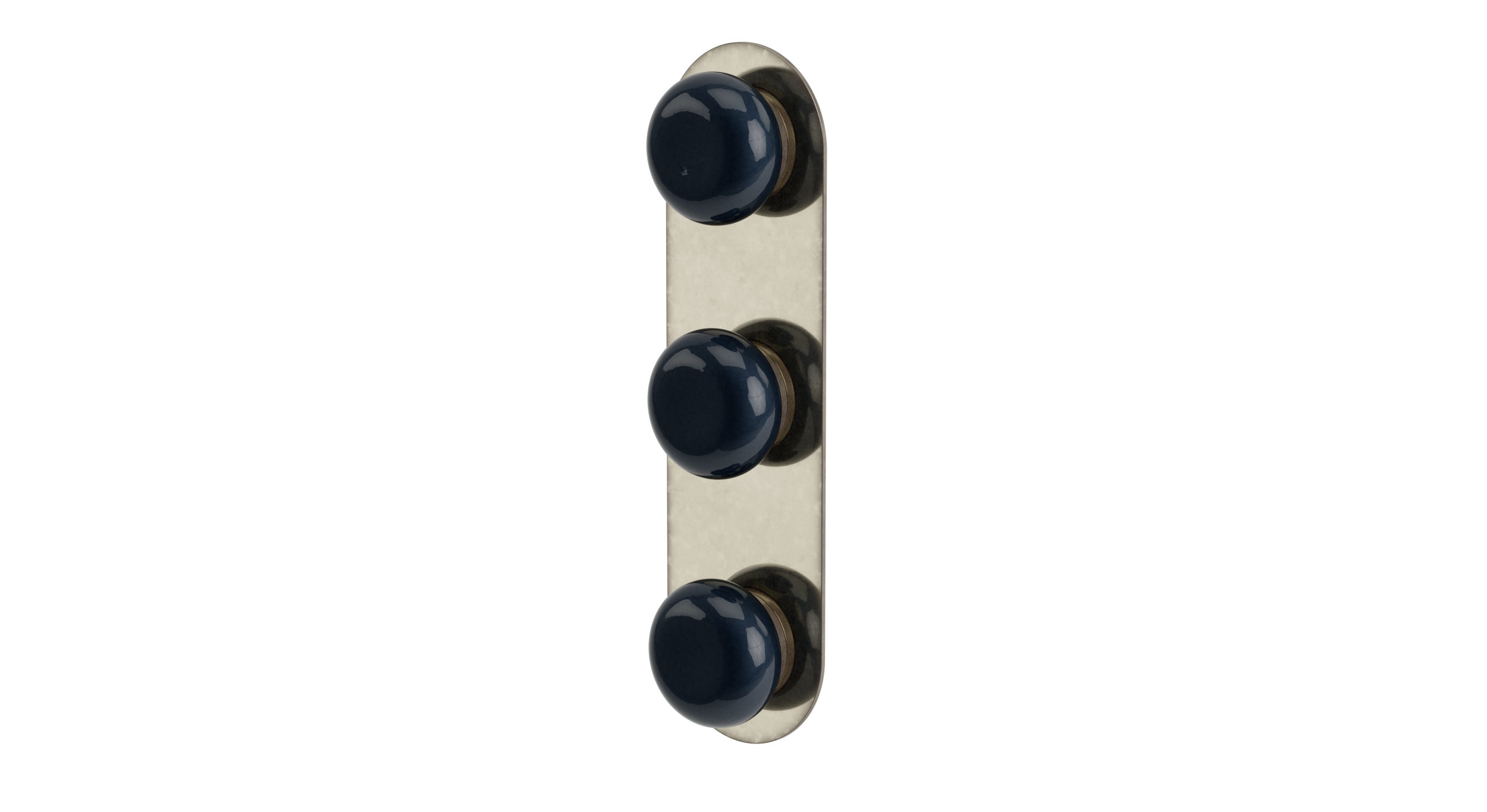 Foundry Three Handle Wall Mount Shower Trim with Pebble Ceramic Knob Handles in French Nickel