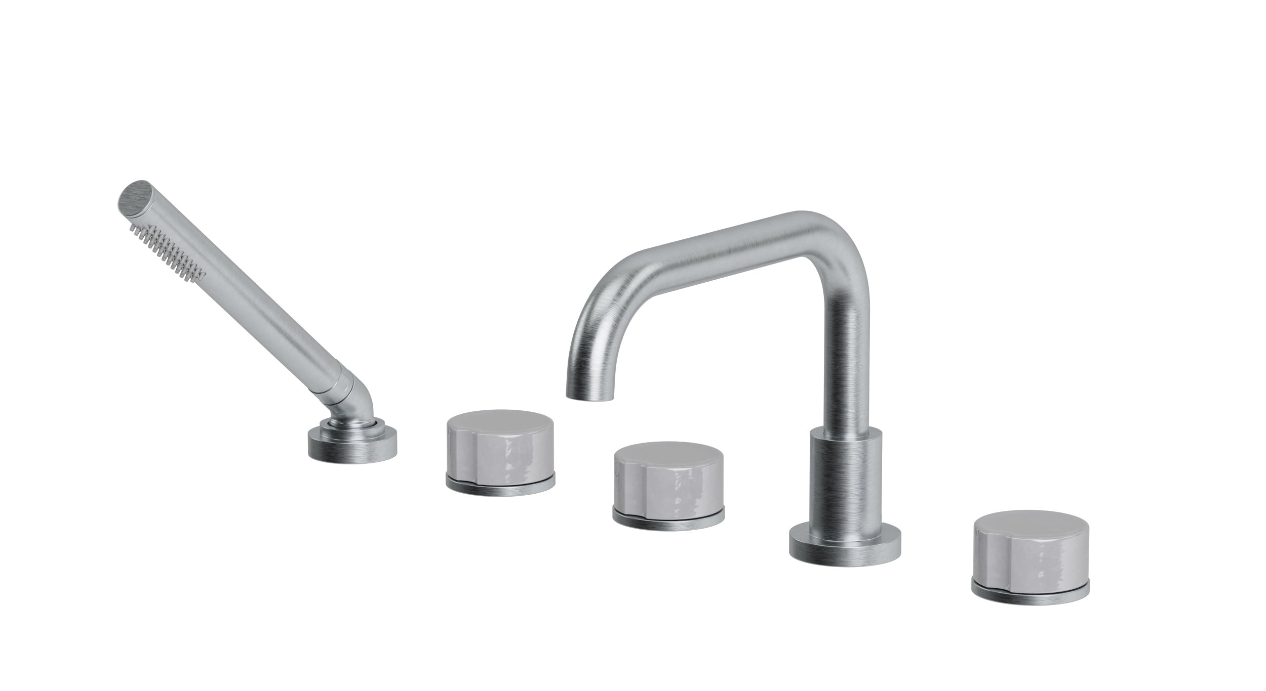 Foundry Three Handle Deck Mount Squaretop Bath Trim with Hand Shower and Groove Ceramic Knob Handles in Satin Chrome