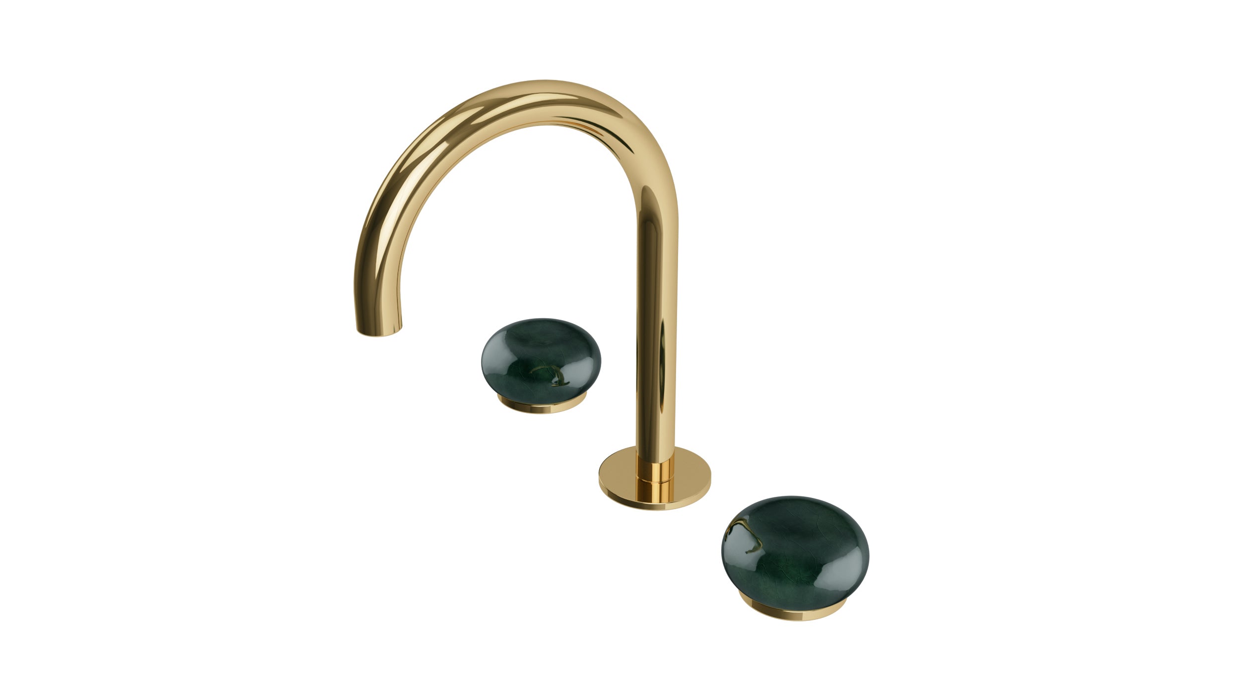 Foundry Two Handle Deck Mount Gooseneck Lavatory Faucet with Pebble Ceramic Knob Handles in Polished Brass
