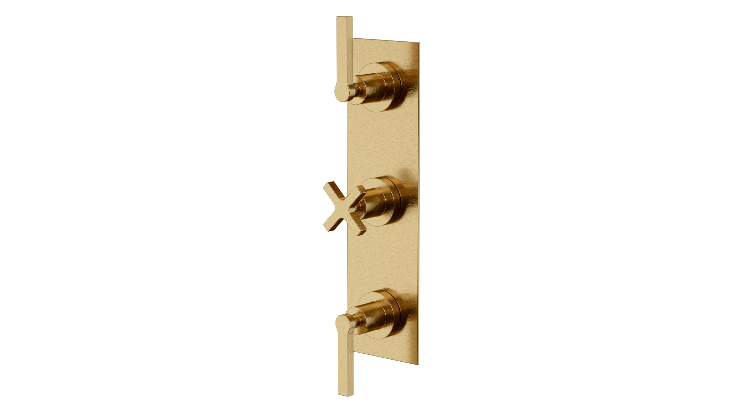 Flatiron Three Handle Wall Mount Shower Trim with Linear Cross/Linear Lever Handles in Satin Brass