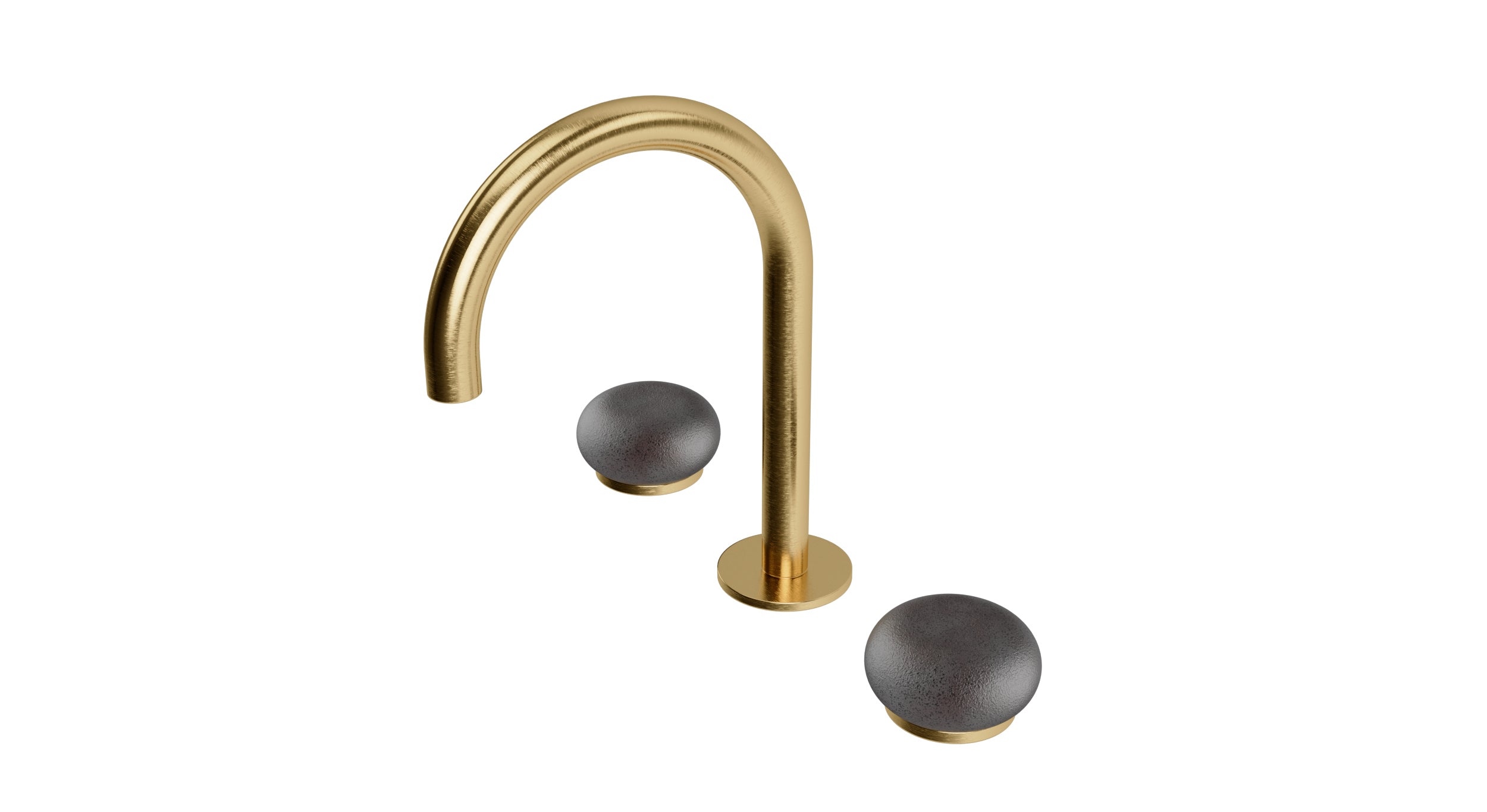 Foundry Two Handle Deck Mount Gooseneck Lavatory Faucet with Pebble Ceramic Knob Handles in Satin Brass