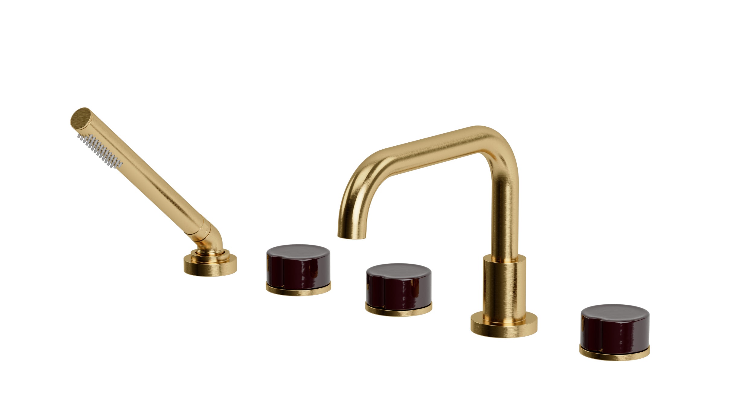 Foundry Three Handle Deck Mount Squaretop Bath Trim with Hand Shower and Groove Ceramic Knob Handles in Satin Brass