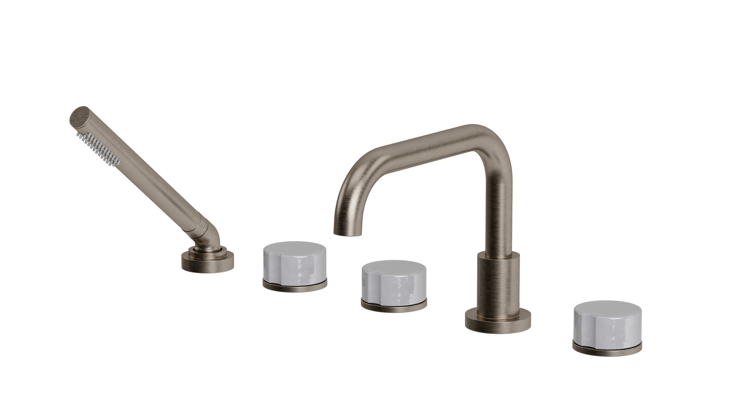 Foundry Three Handle Deck Mount Squaretop Bath Trim with Hand Shower and Groove Ceramic Knob Handles in Antique Nickel