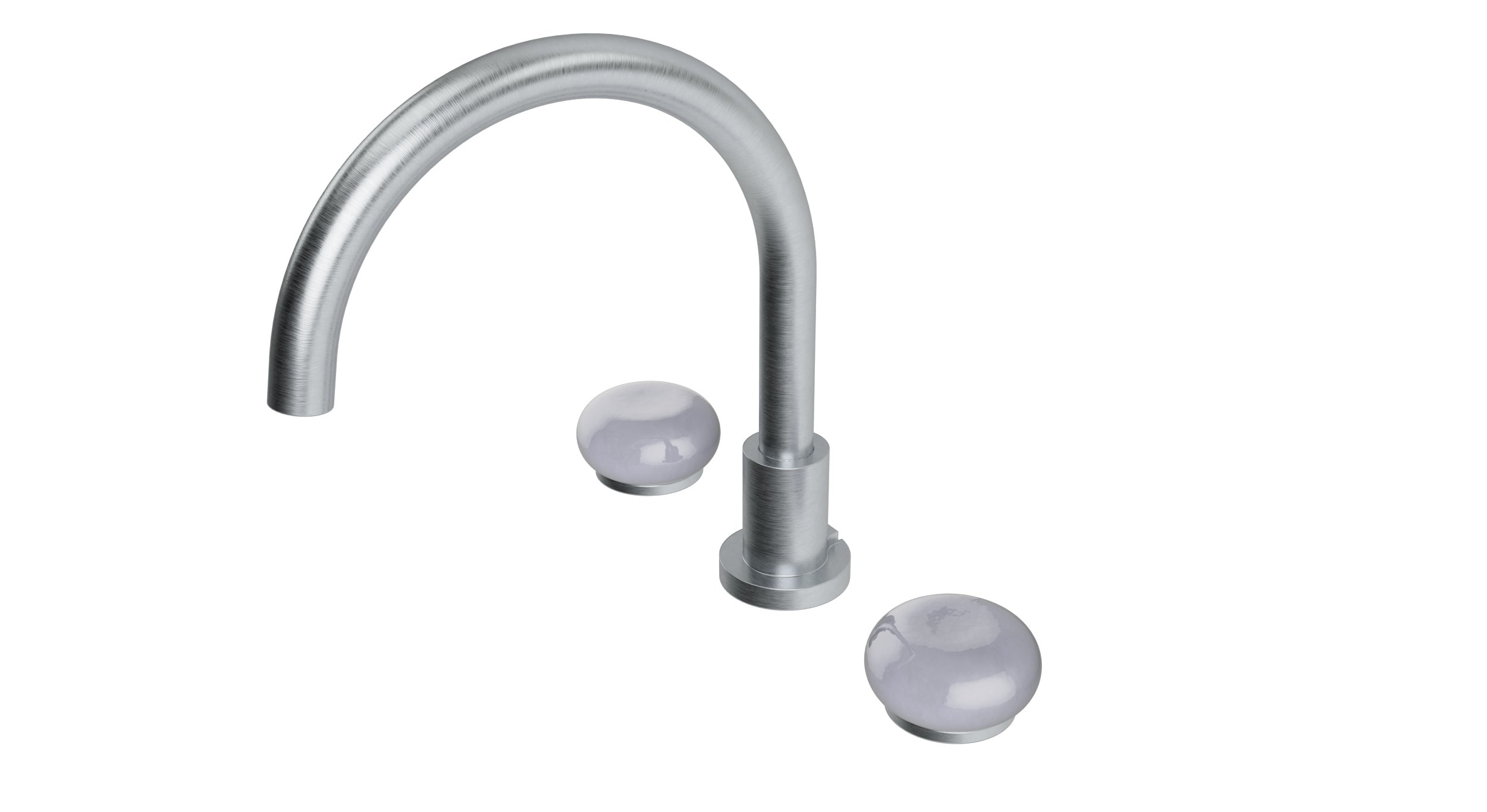 Foundry Two Handle Deck Mount Gooseneck Bath Trim with Pebble Ceramic Knob Handles in Satin Chrome