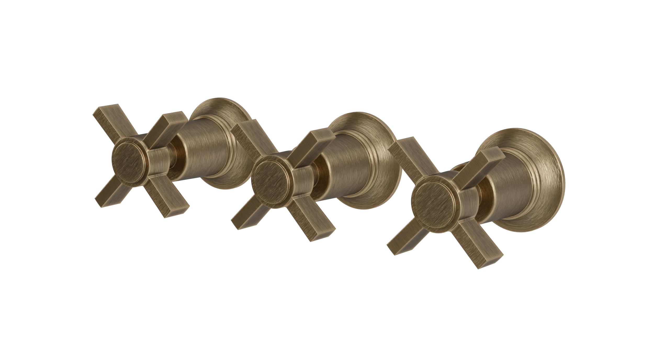 Emerson Three Handle Wall Mount Bath Trim with Diverter/Volume Control and Defined Cross Handles in Antique Brass