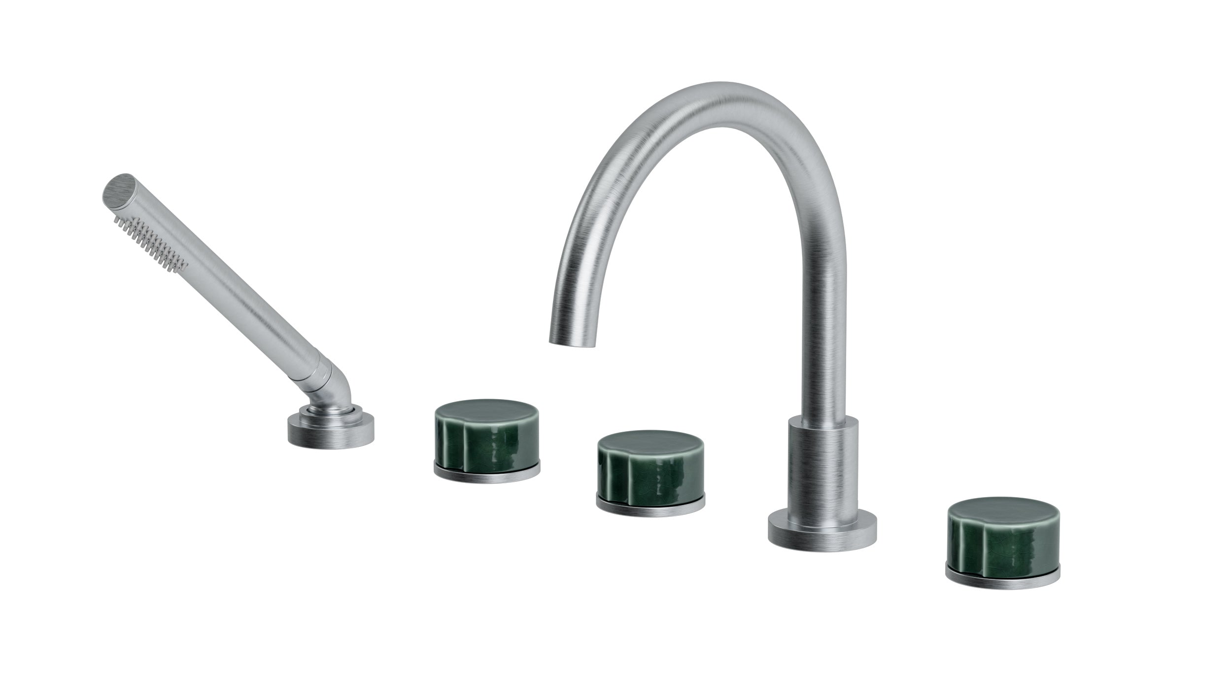 Foundry Three Handle Deck Mount Gooseneck Bath Trim with Hand Shower and Groove Ceramic Knob Handles in Satin Chrome