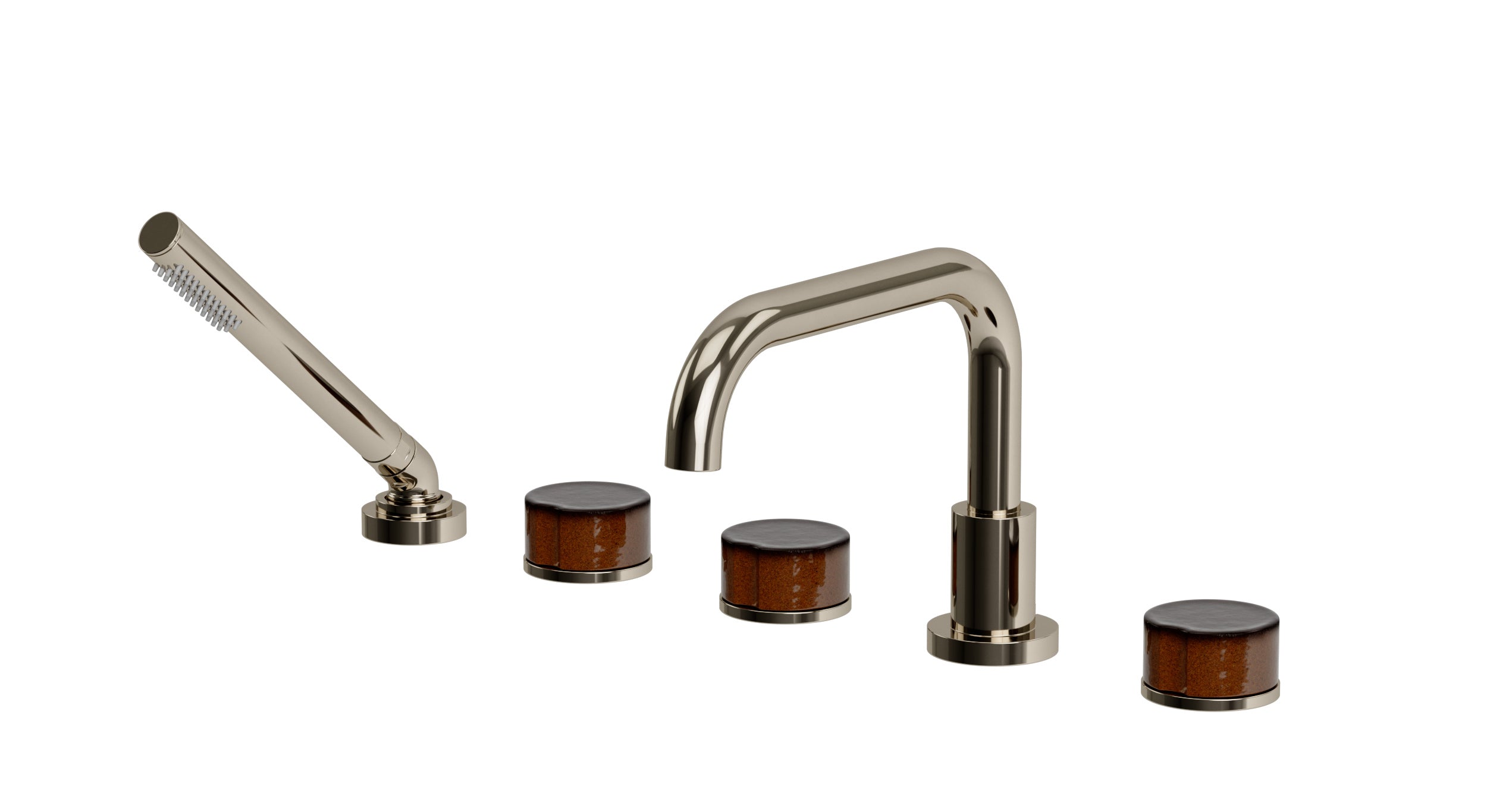 Foundry Three Handle Deck Mount Squaretop Bath Trim with Hand Shower and Groove Ceramic Knob Handles in Polished Nickel