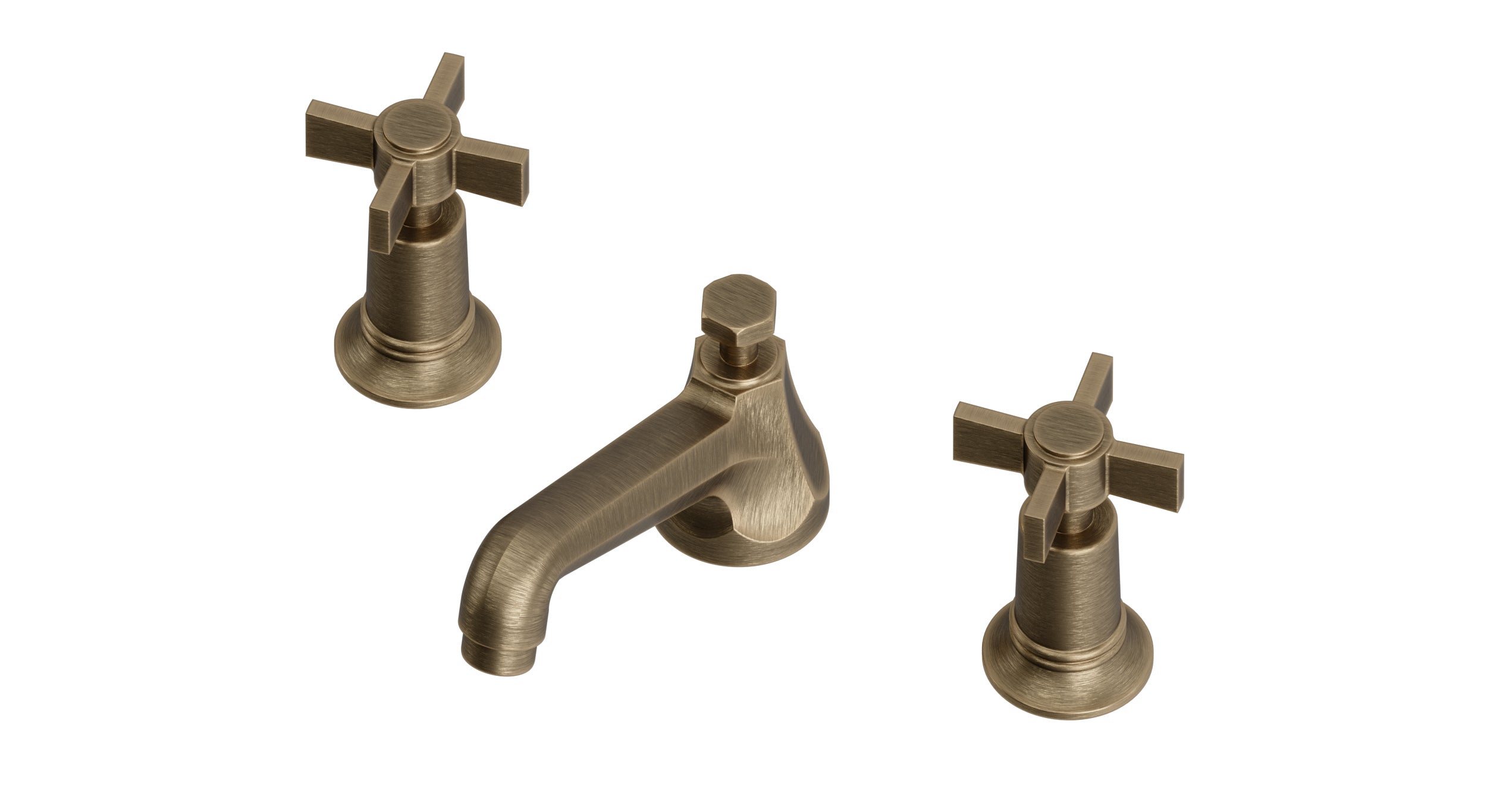 Emerson Two Handle Deck Mount Low Hexagon Lavatory Faucet with Defined Cross Handles in Antique Brass