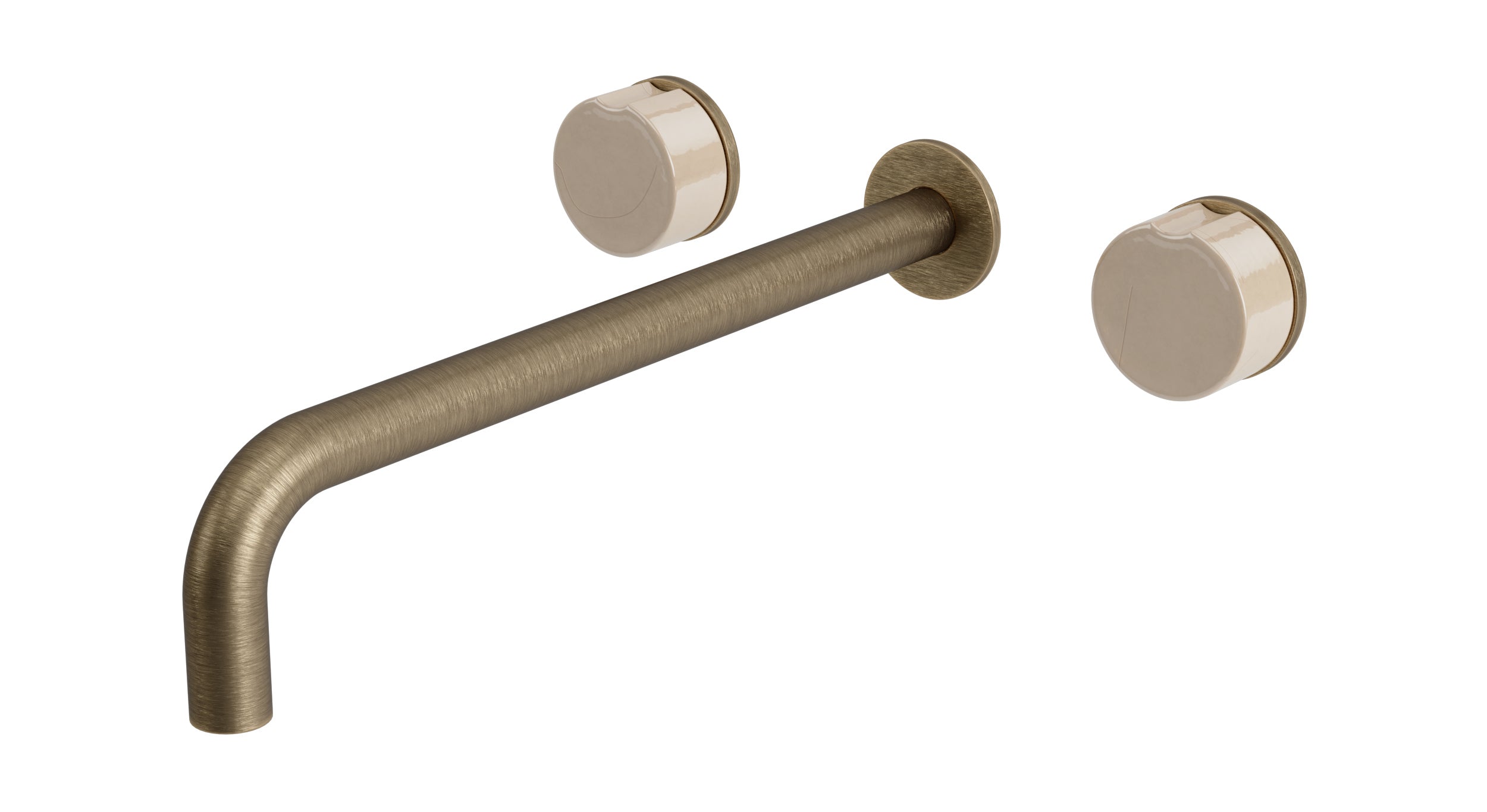 Foundry Two Handle Wall Mount 12" Lavatory Faucet with Groove Ceramic Knob Handles in Antique Brass