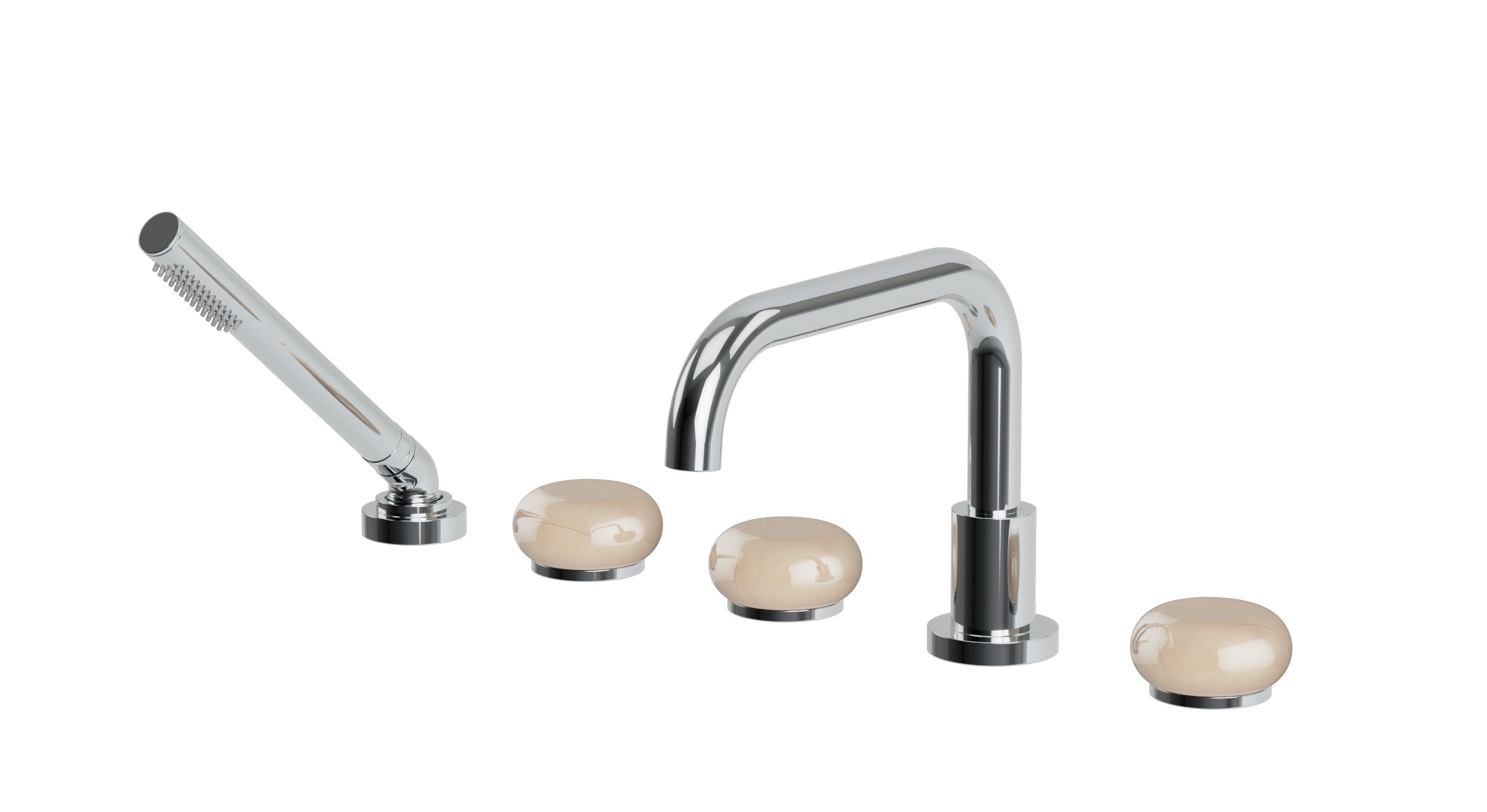 Foundry Three Handle Deck Mount Squaretop Bath Trim with Hand Shower and Pebble Ceramic Knob Handles in Polished Chrome