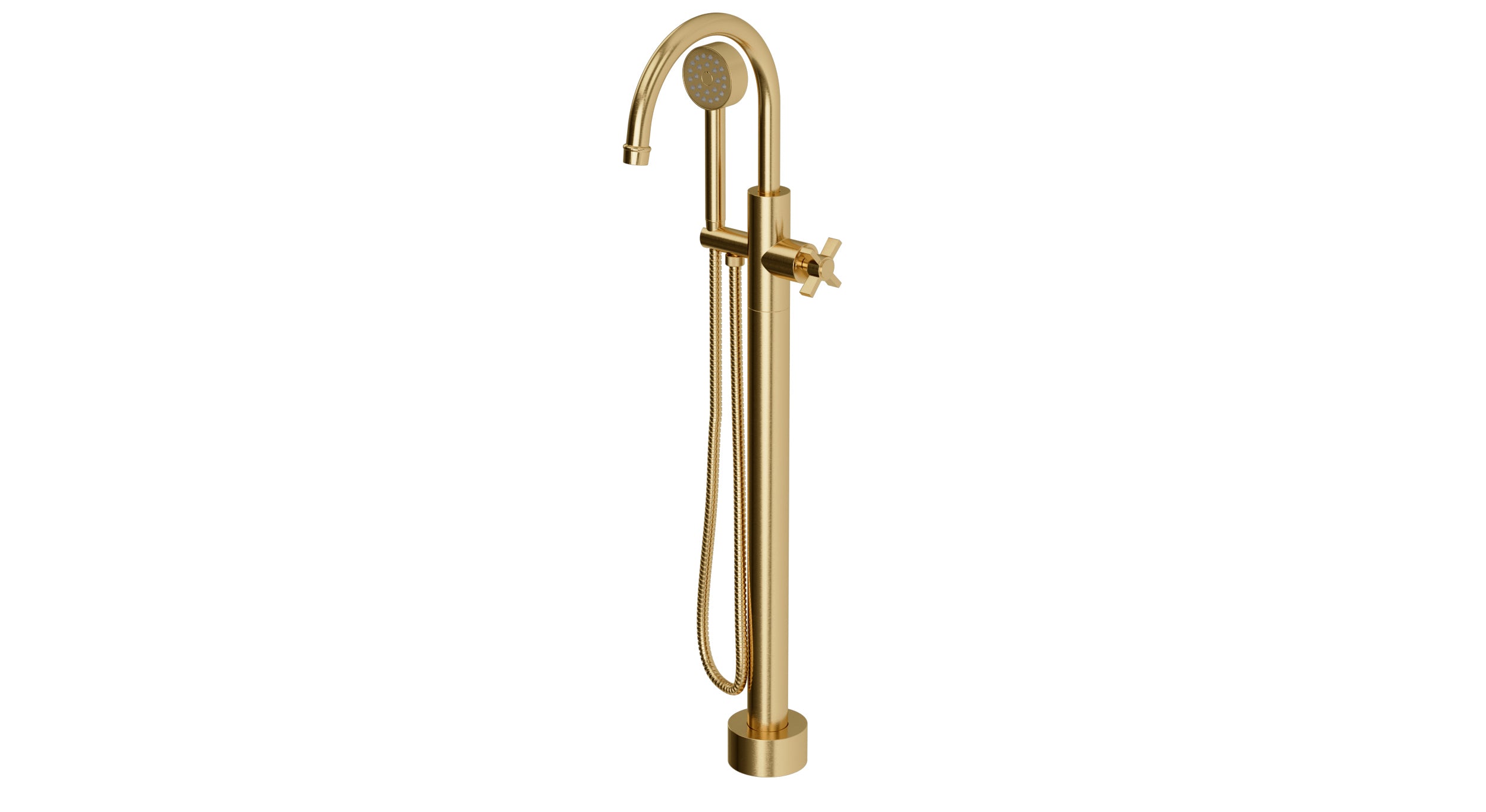 Emerson One Handle Floor Mount Gooseneck Bath Trim with Hand Shower and Defined Cross Handle in Satin Brass