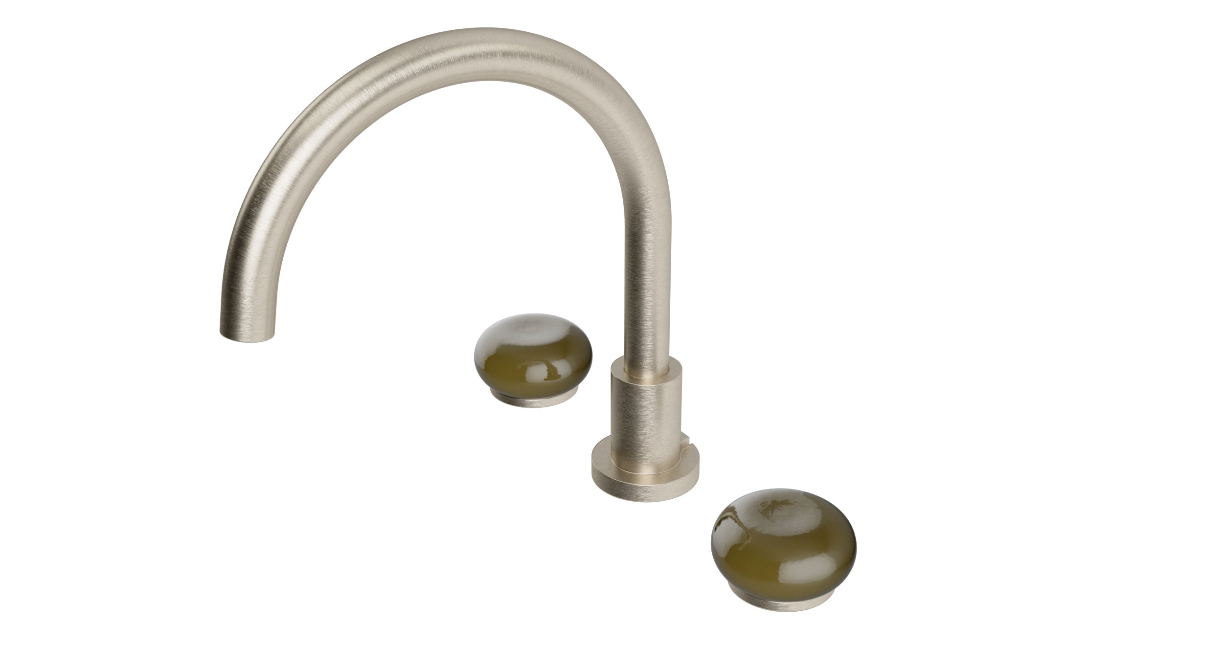 Foundry Two Handle Deck Mount Gooseneck Bath Trim with Pebble Ceramic Knob Handles in Satin Nickel