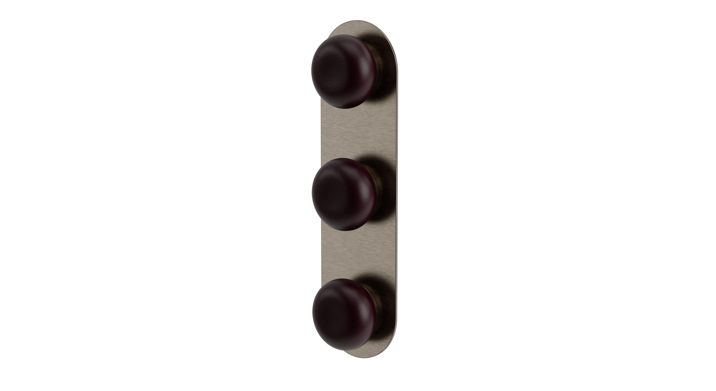 Foundry Three Handle Wall Mount Shower Trim with Pebble Ceramic Knob Handles in Antique Nickel