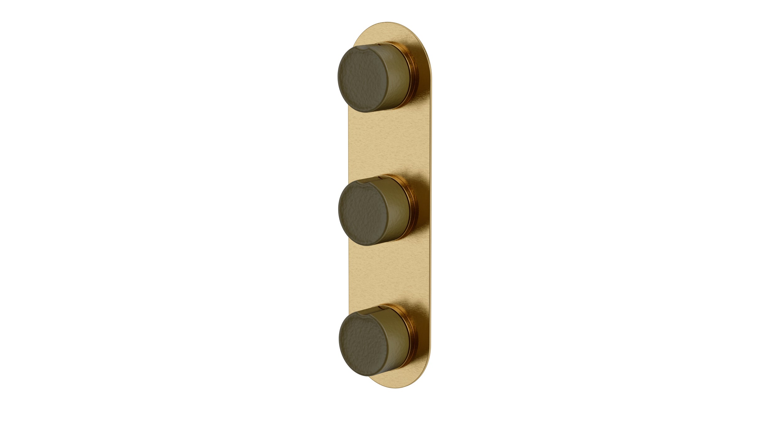 Foundry Three Handle Wall Mount Shower Trim with Groove Ceramic Knob Handles in Satin Brass