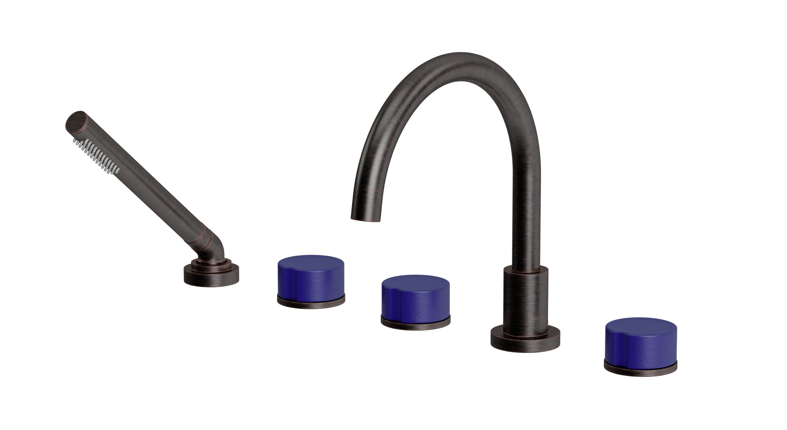 Foundry Three Handle Deck Mount Gooseneck Bath Trim with Hand Shower and Groove Ceramic Knob Handles in Antique Bronze