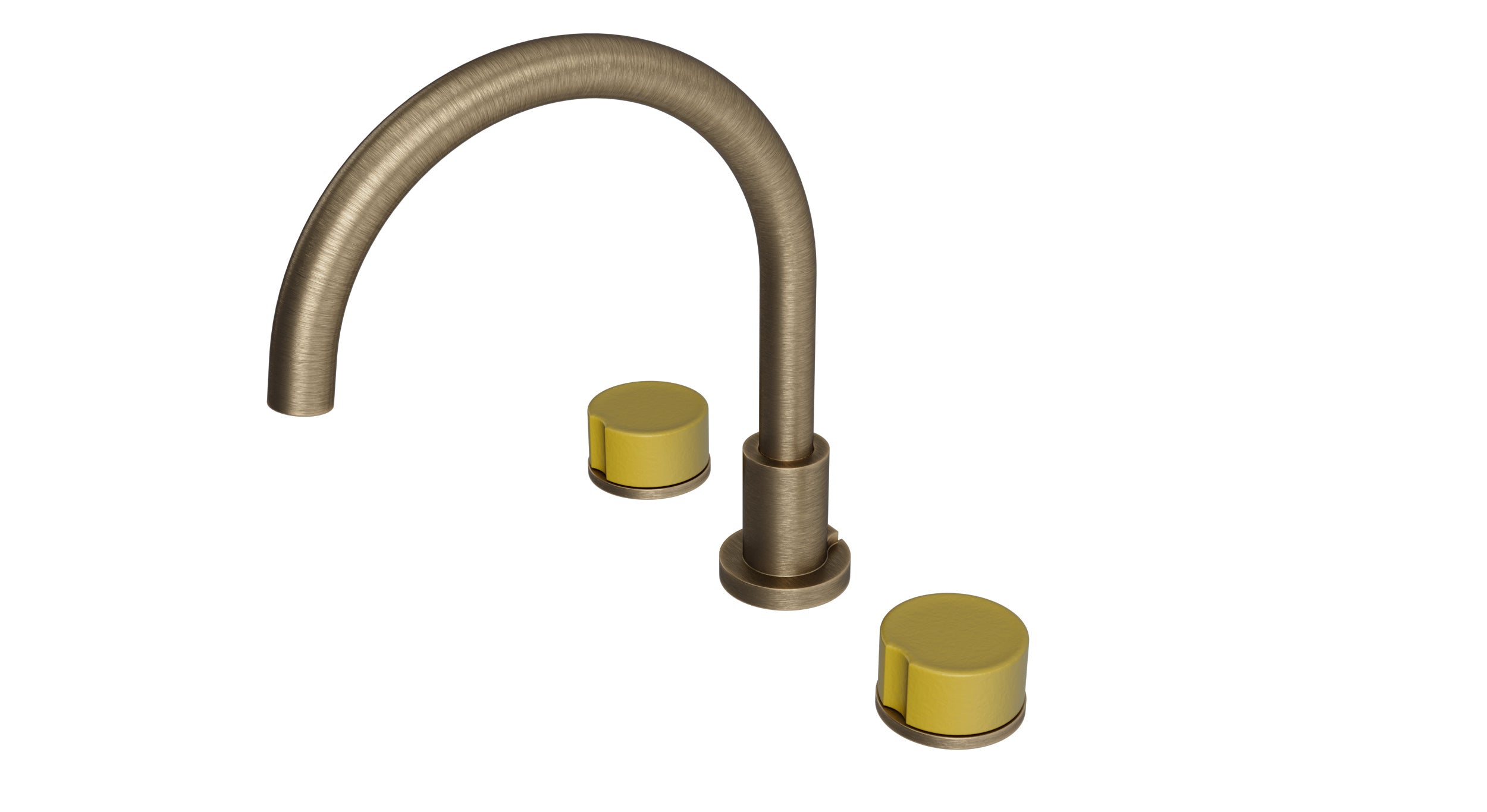 Foundry Two Handle Deck Mount Gooseneck Bath Trim with Groove Ceramic Knob Handles in Antique Brass