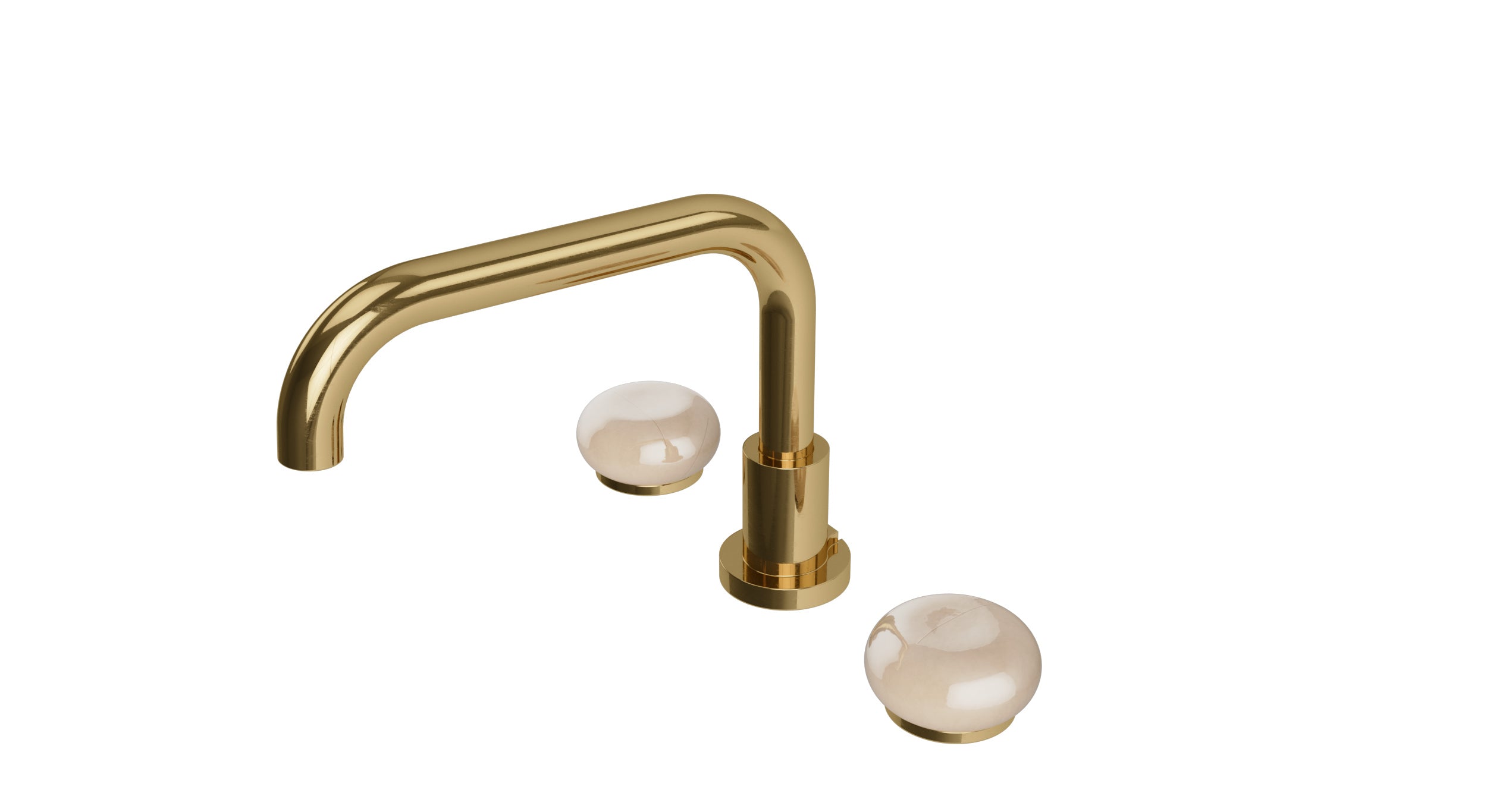 Foundry Two Handle Deck Mount Squaretop Bath Trim with Pebble Ceramic Knob Handles in Uncoated Polished Brass