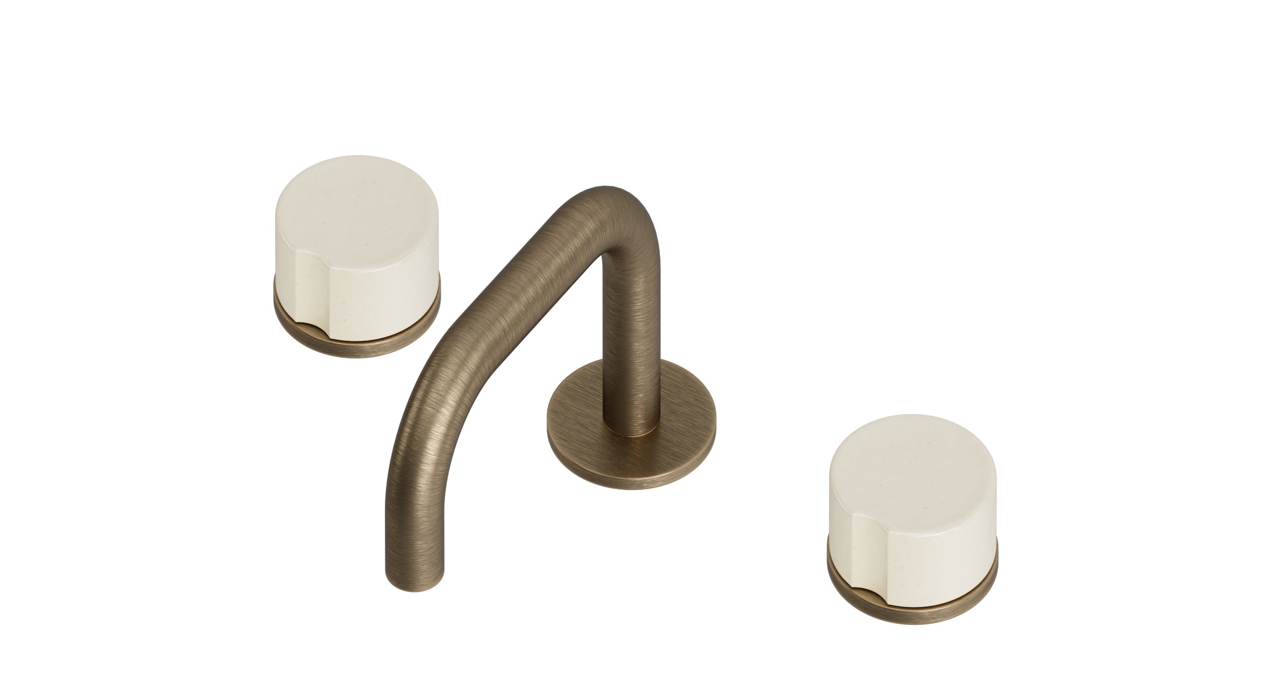 Foundry Two Handle Deck Mount Squaretop Lavatory Faucet with Groove Ceramic Knob Handles in Antique Brass