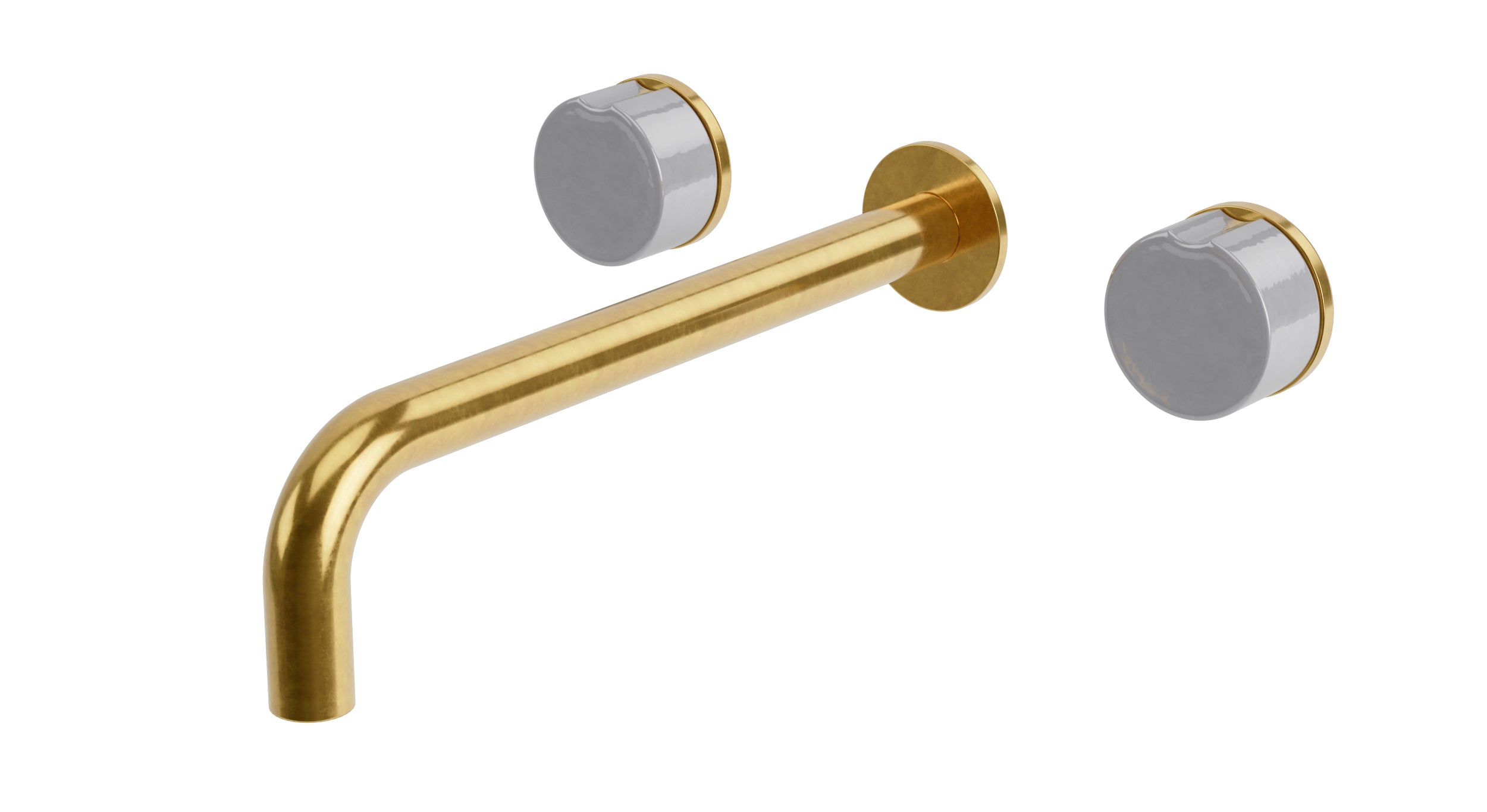 Foundry Two Handle Wall Mount 10" Lavatory Faucet with Groove Ceramic Knob Handles in French Brass