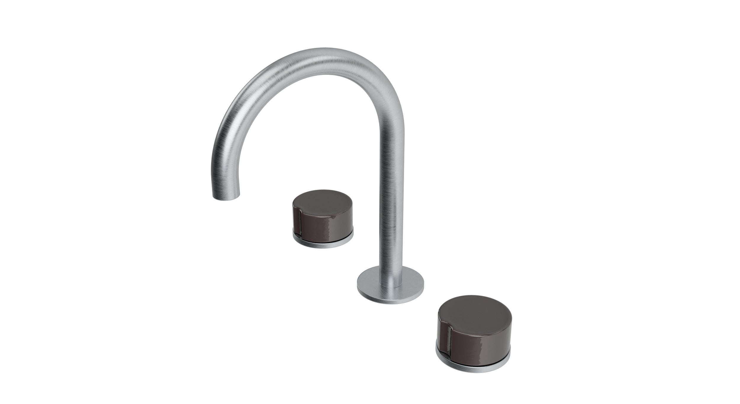 Foundry Two Handle Deck Mount Gooseneck Lavatory Faucet with Groove Ceramic Knob Handles in Satin Chrome