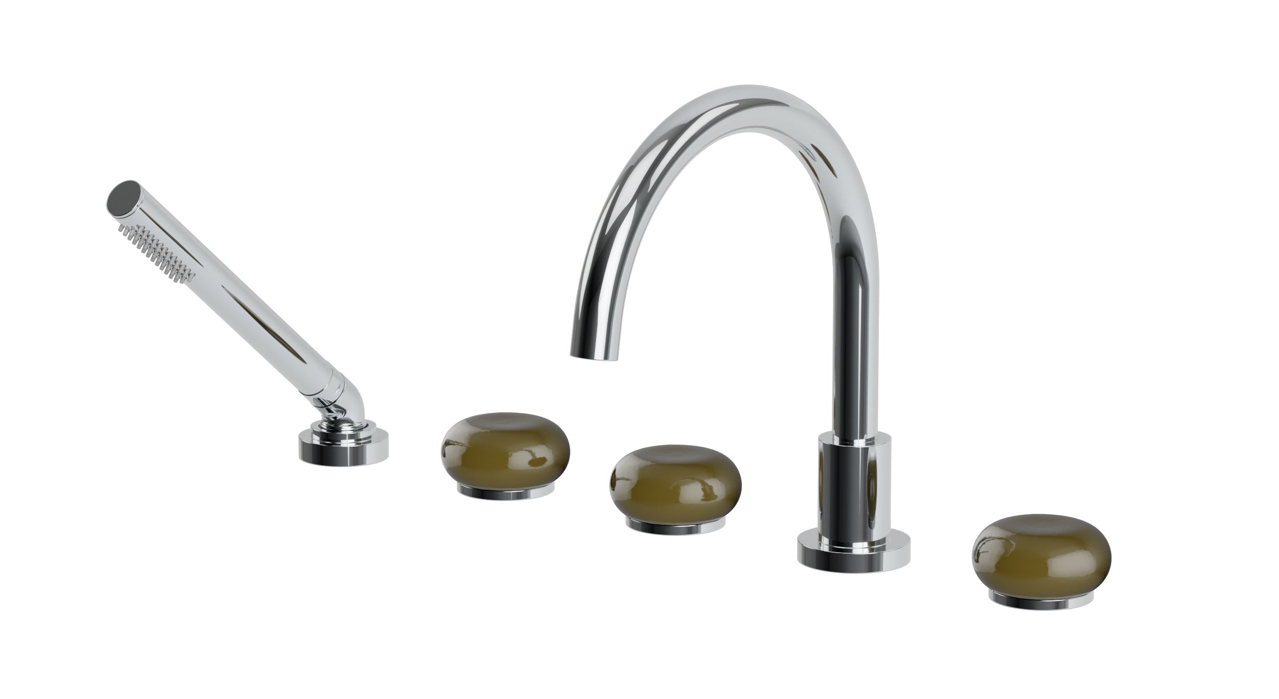 Foundry Three Handle Deck Mount Gooseneck Bath Trim with Hand Shower and Pebble Ceramic Knob Handles in Polished Chrome